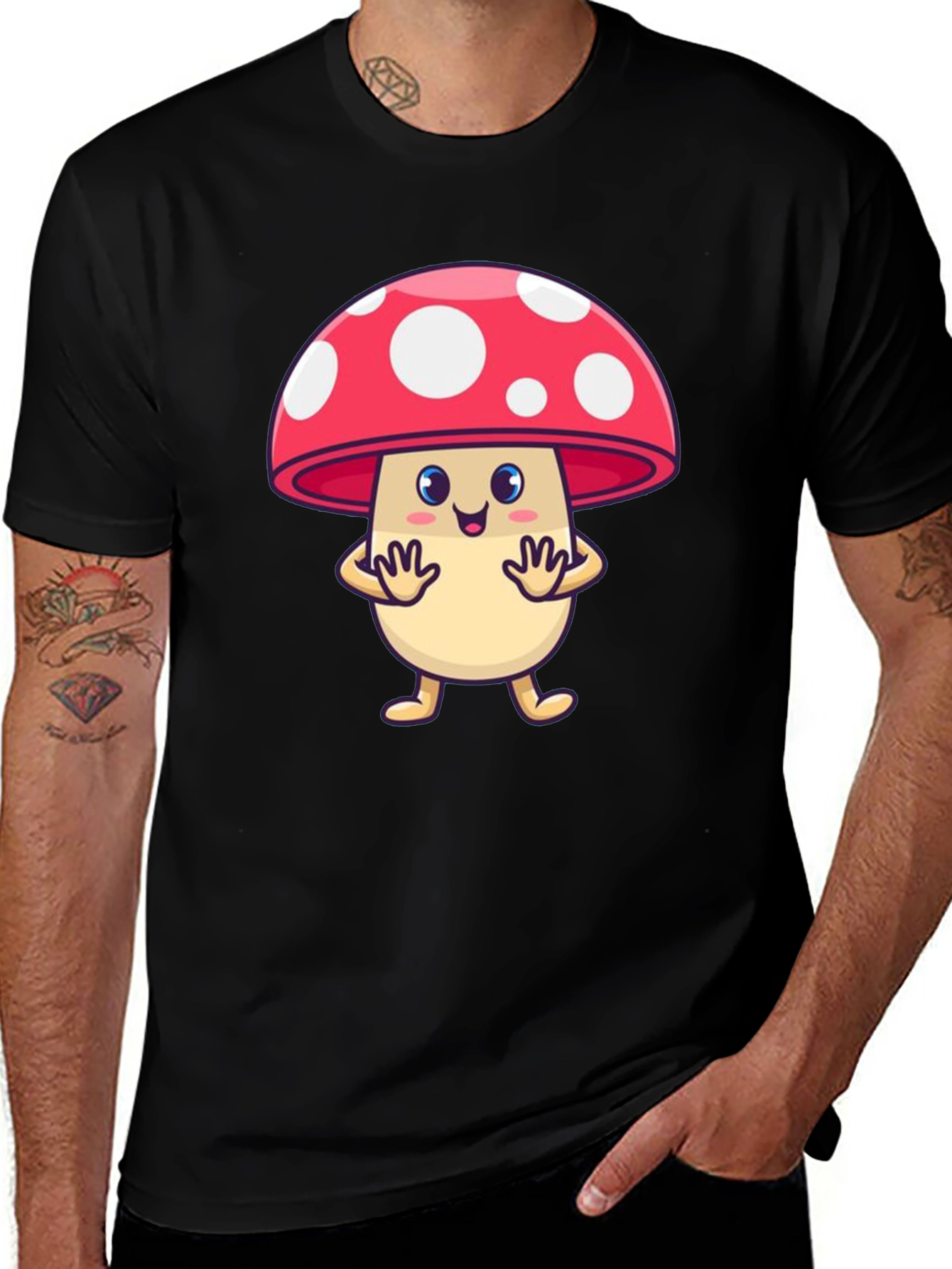 Variant 23 of Cute Mushroom Cartoon Graphic Tee - Black