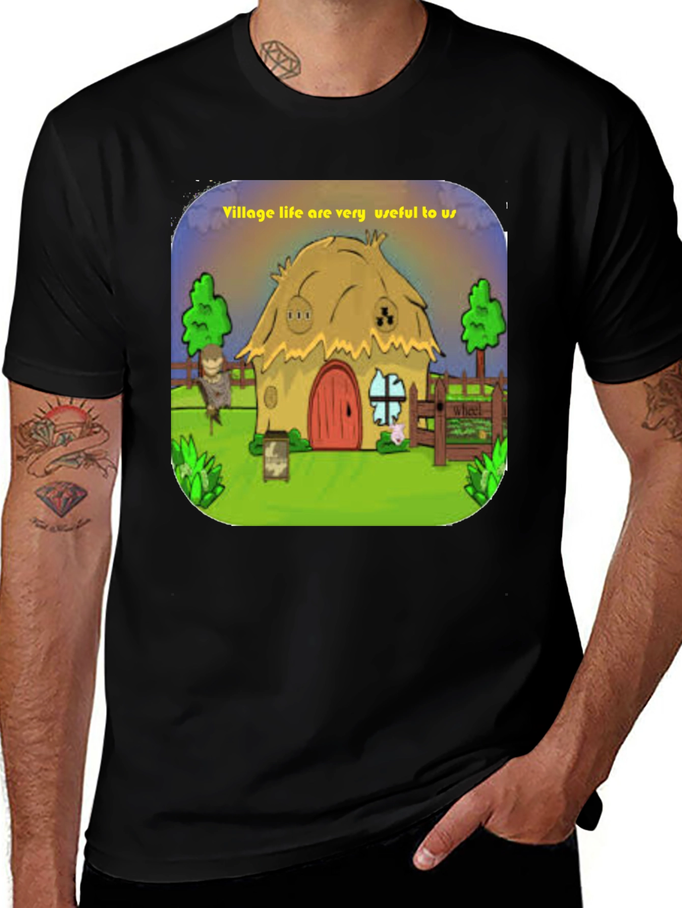 Variant 11 of Village Life Graphic Tee - Unique Cartoon Design