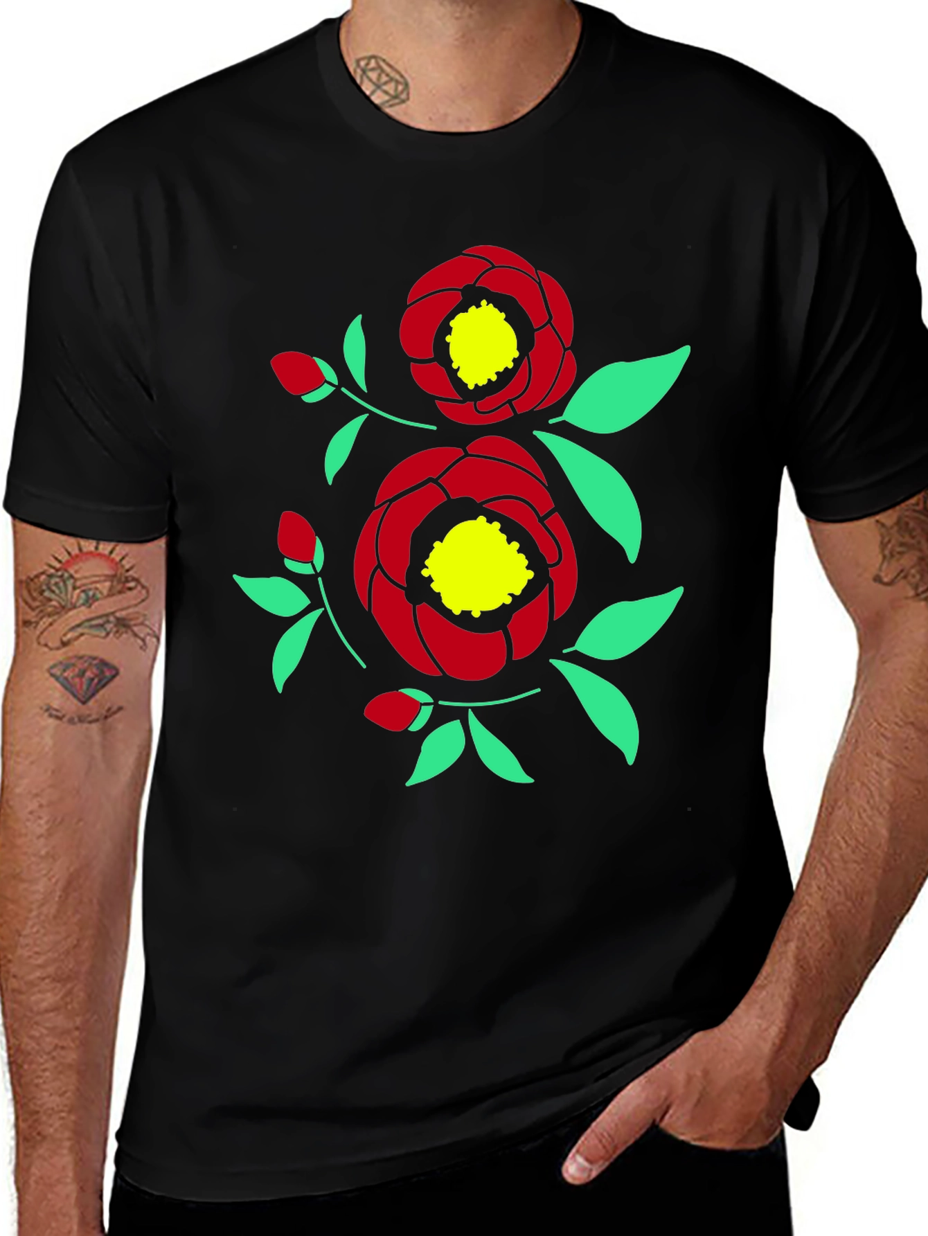 Variant 15 of Floral Print Tee - Black Cotton Casual