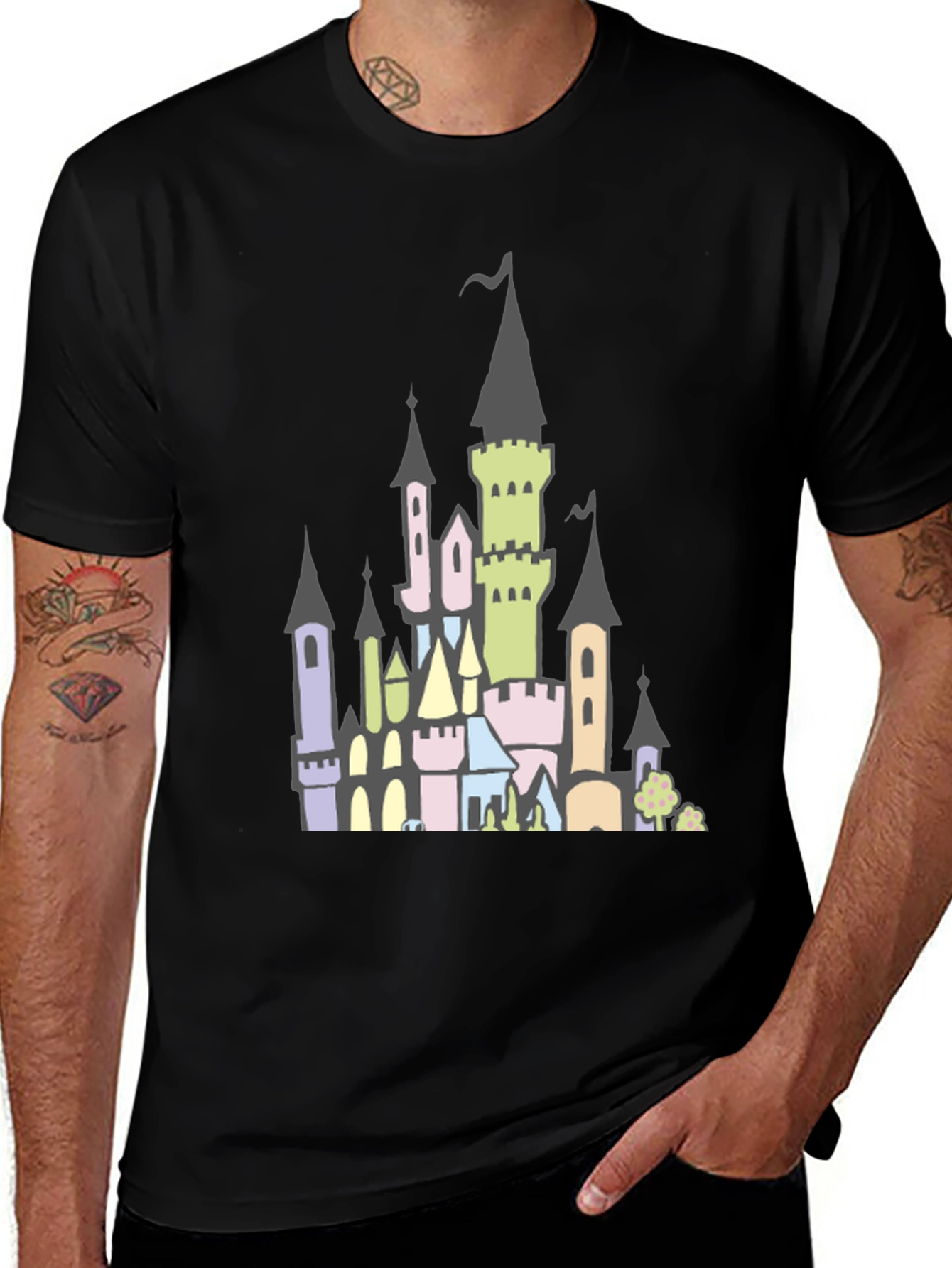 Variant 8 of Fantasy Castle Graphic Tee - Black Cotton Shirt