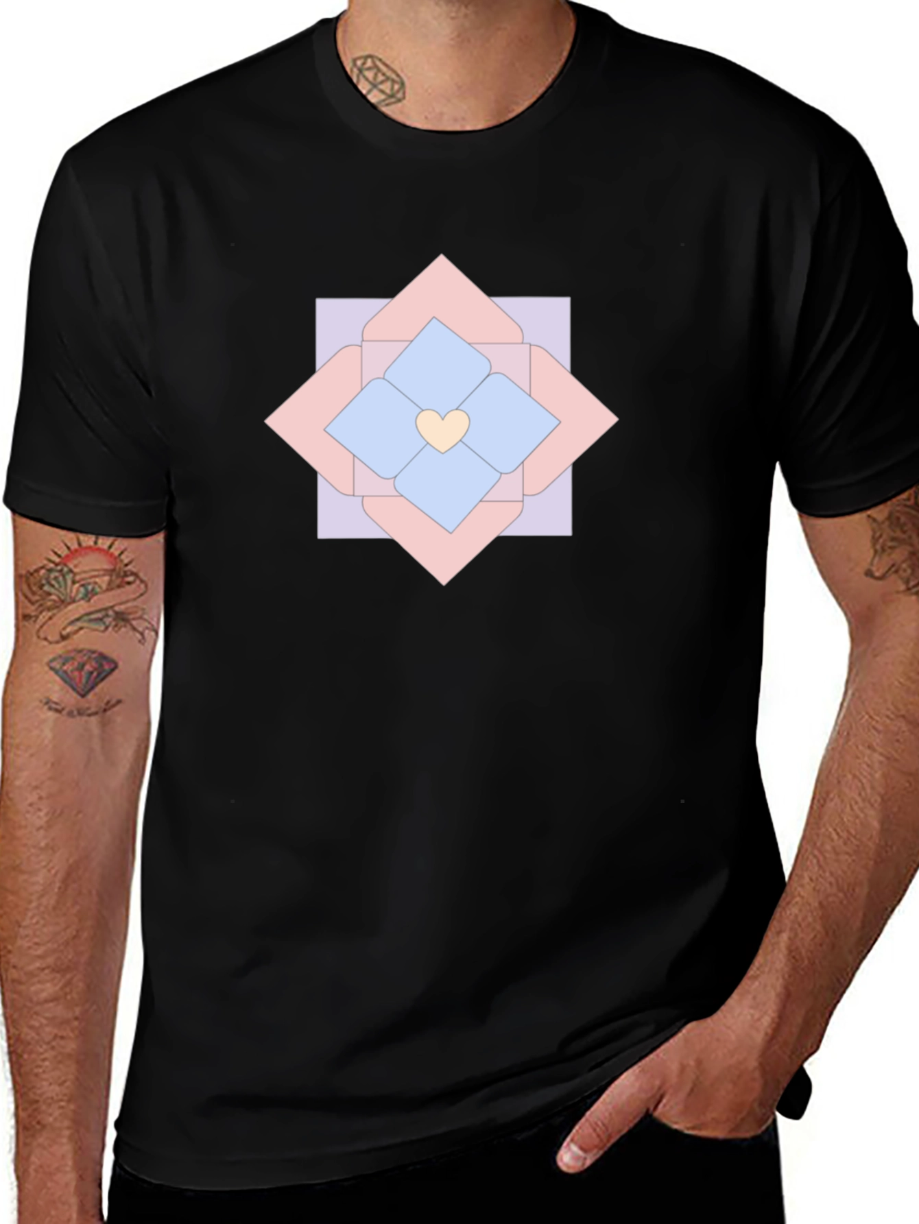 Geometric Floral Heart Graphic Tee - Black