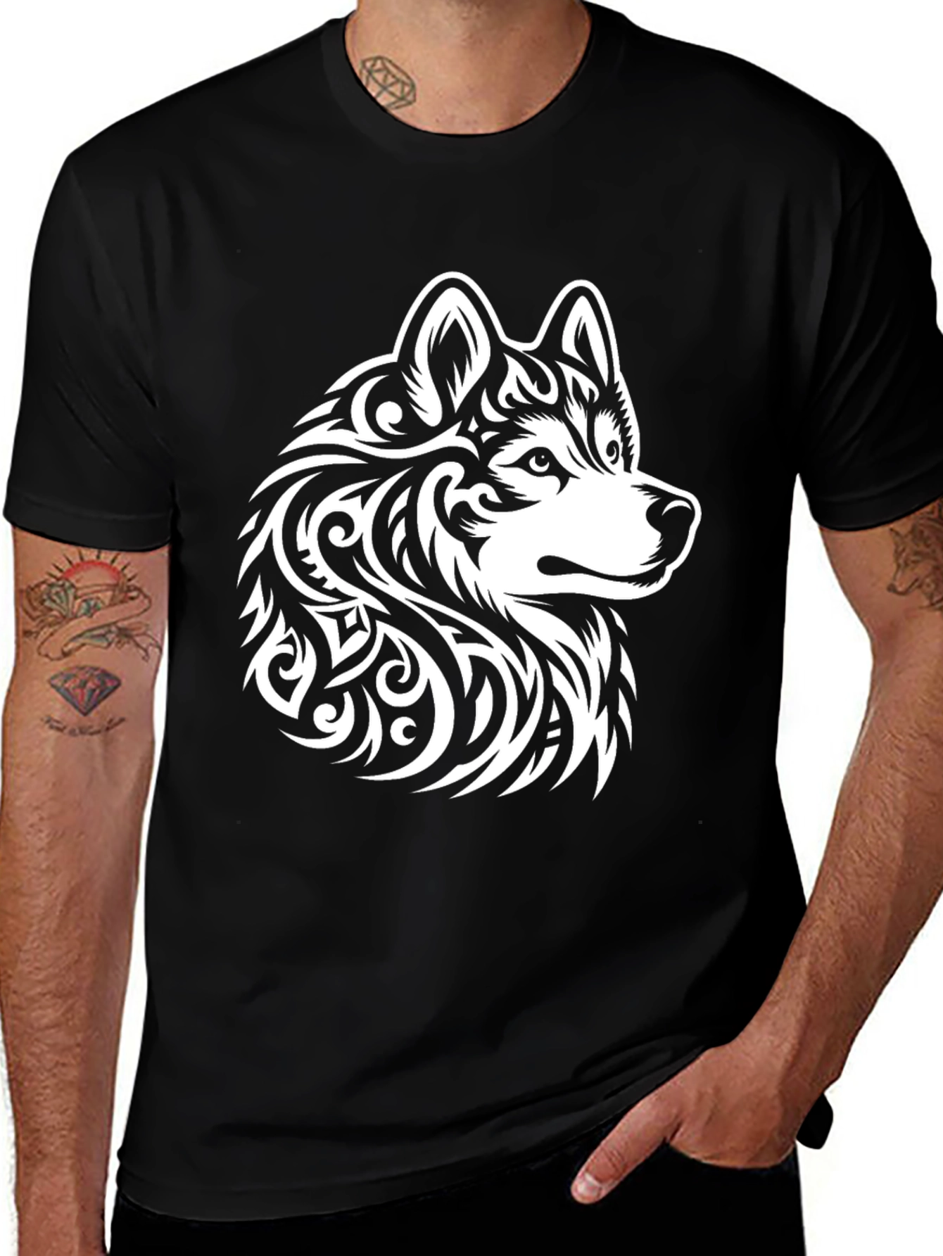 Variant 21 of Tribal Wolf Graphic Print Black T-Shirt