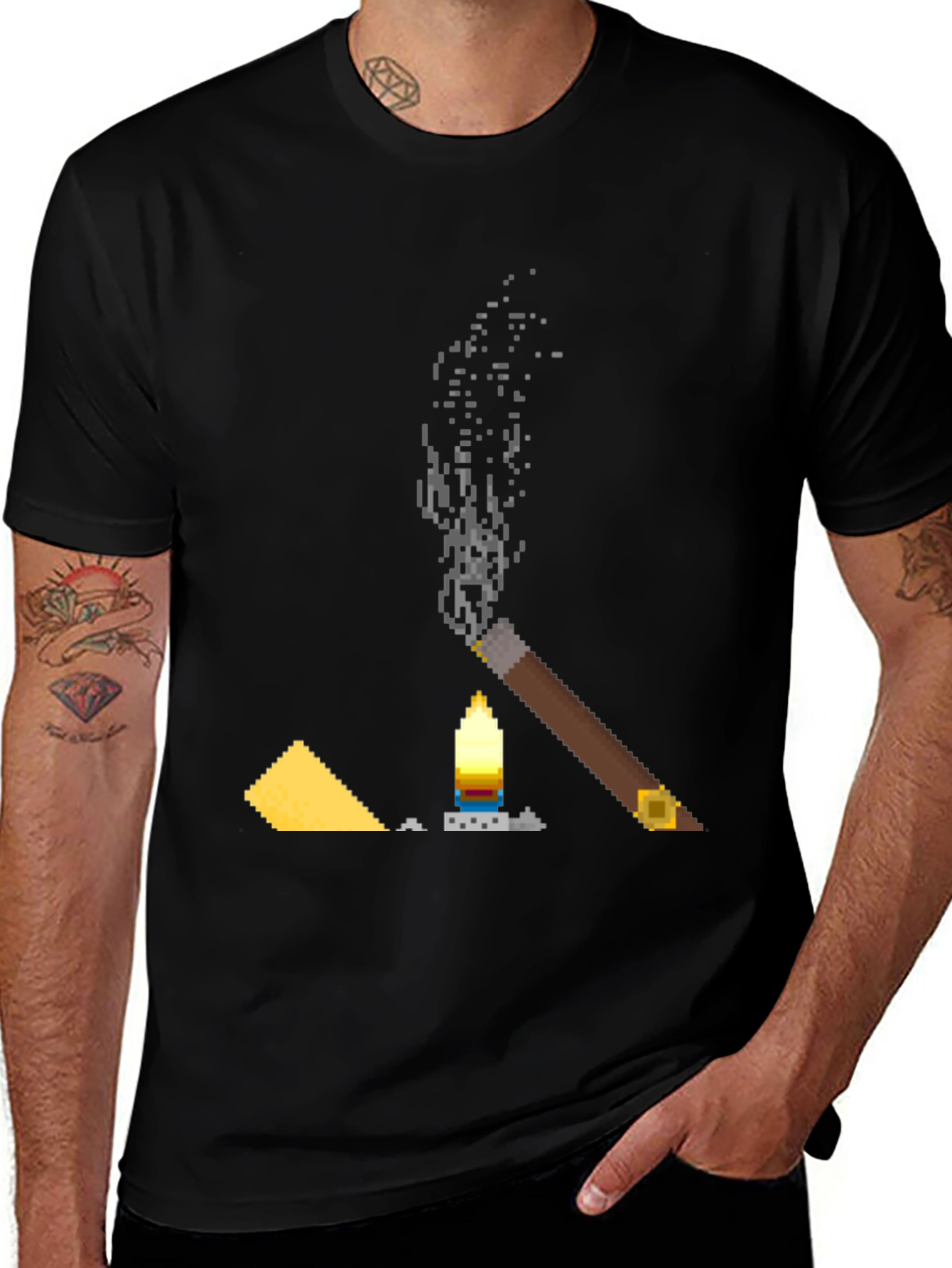 Pixel Art Cigar & Candle Graphic T-Shirt