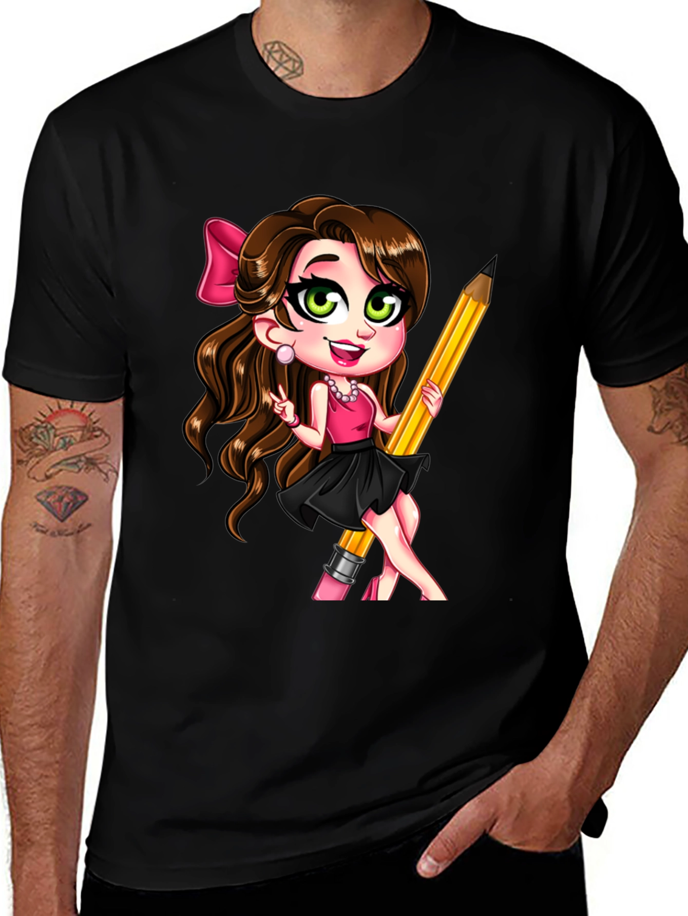 Variant 17 of Fun Cartoon Girl with Pencil Black T-Shirt