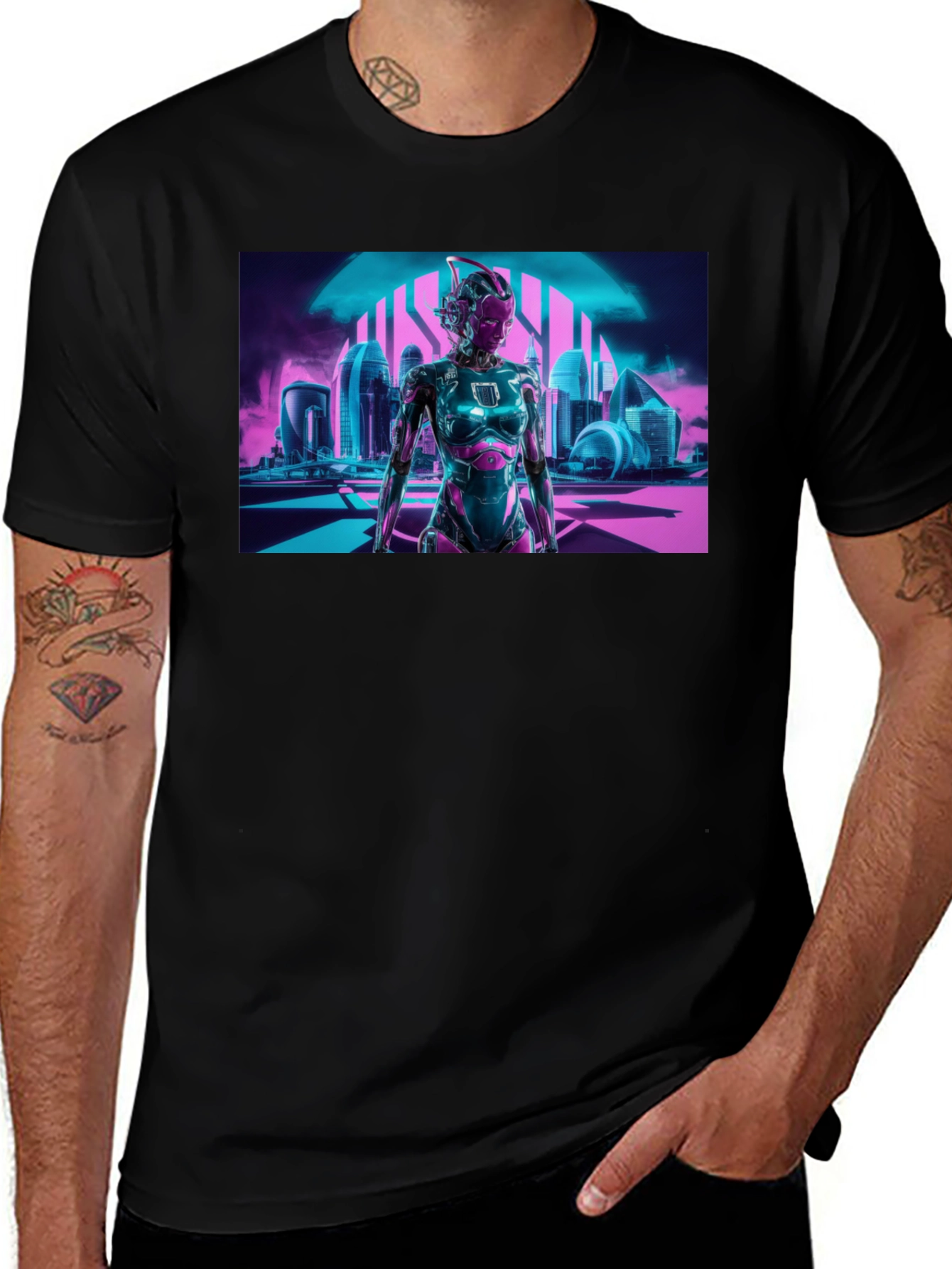 Variant 13 of Cyberpunk Cityscape T-Shirt - Futuristic Robot Design