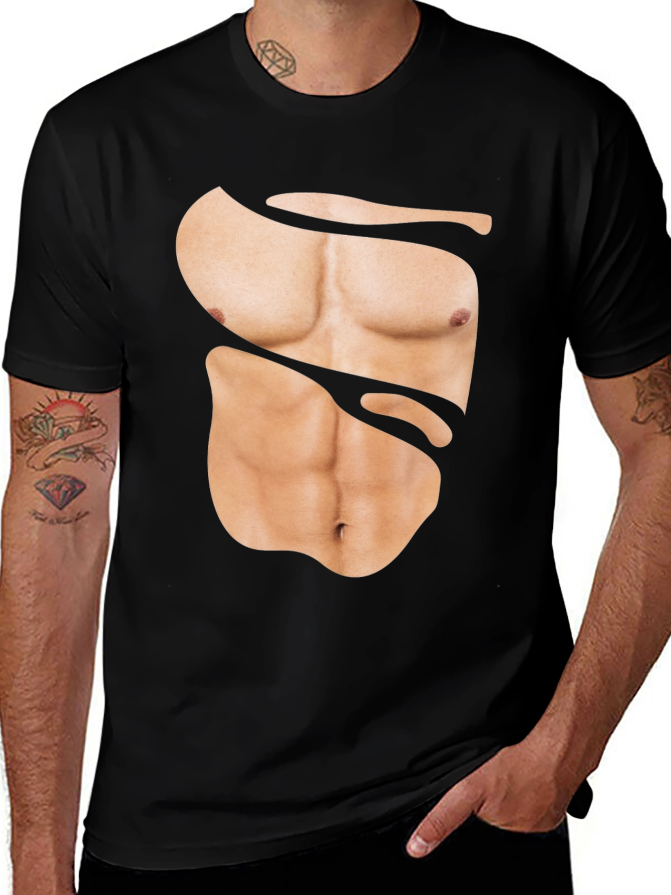 Variant 24 of Funny Muscle Print T-Shirt - Abs Illusion Black Tee