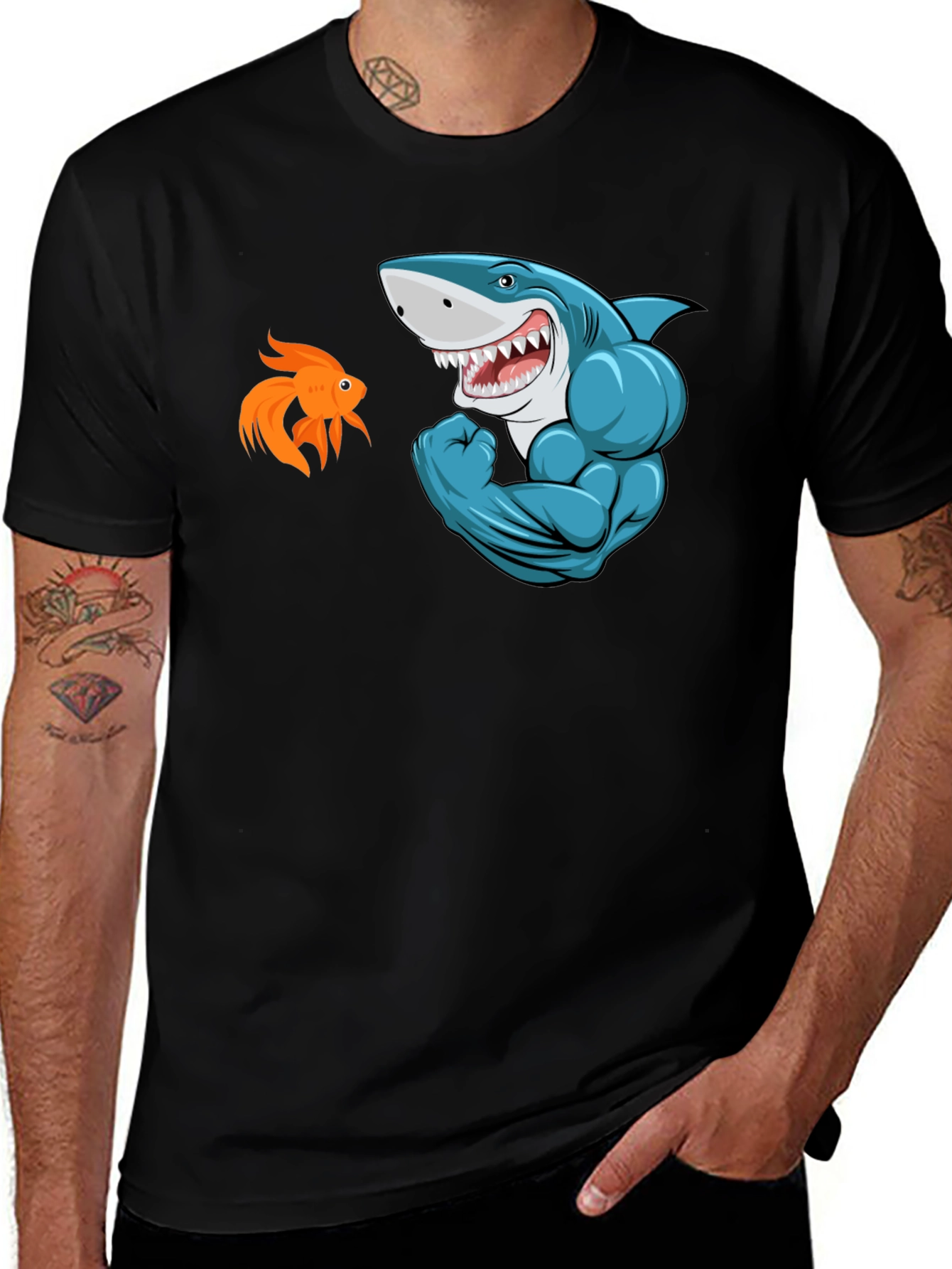 Black Funny Shark vs Goldfish Graphic Tee main image