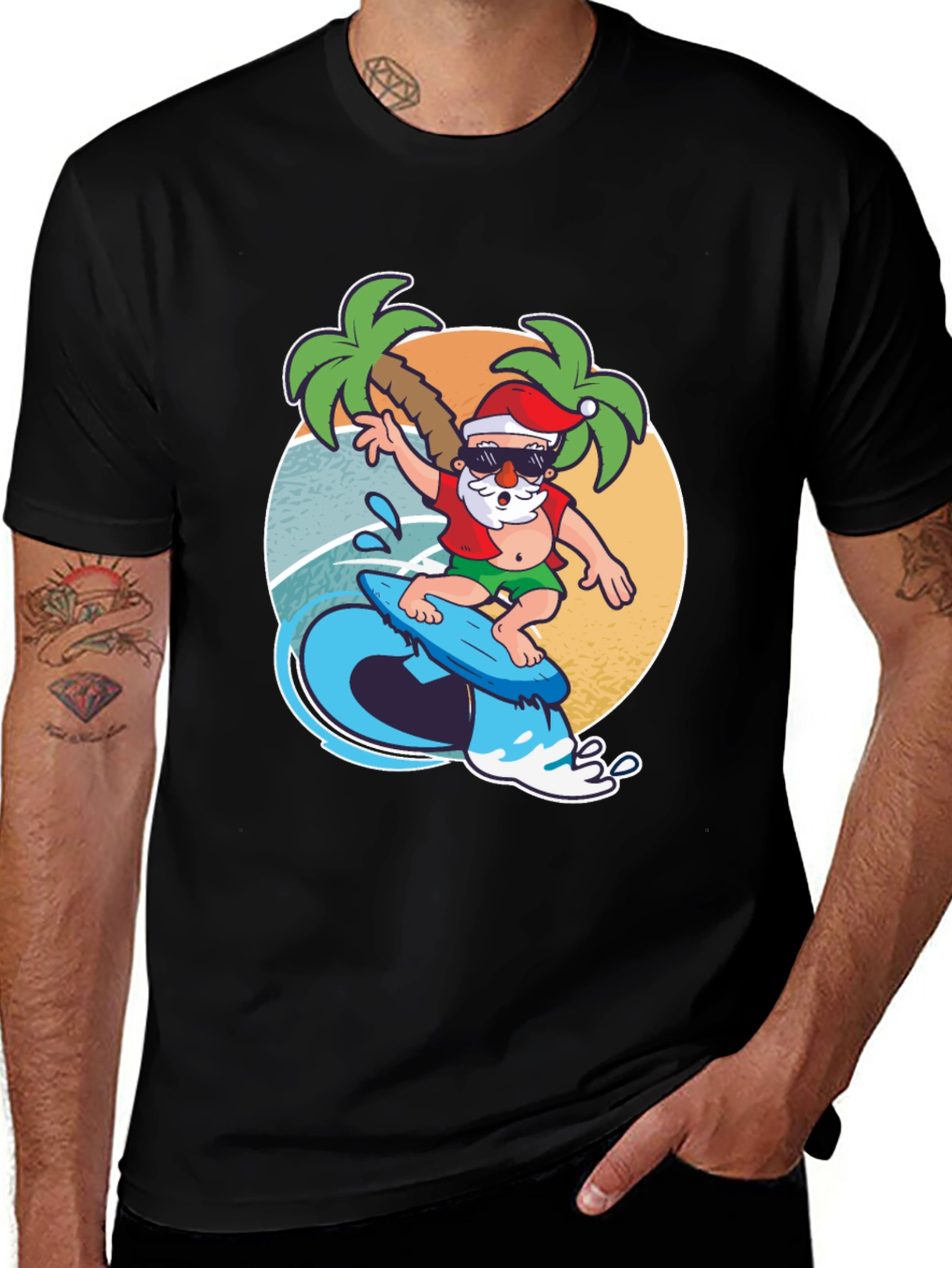 Variant 16 of Surfing Santa T-Shirt - Holiday Beach Vibes