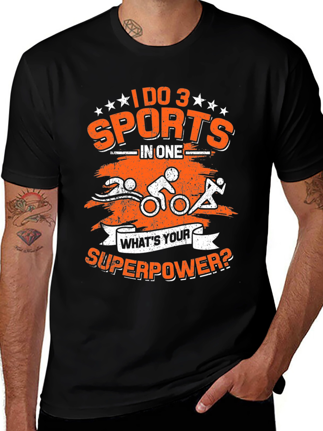 Variant 29 of Triathlon Superpower T-Shirt: Swim, Bike, Run!