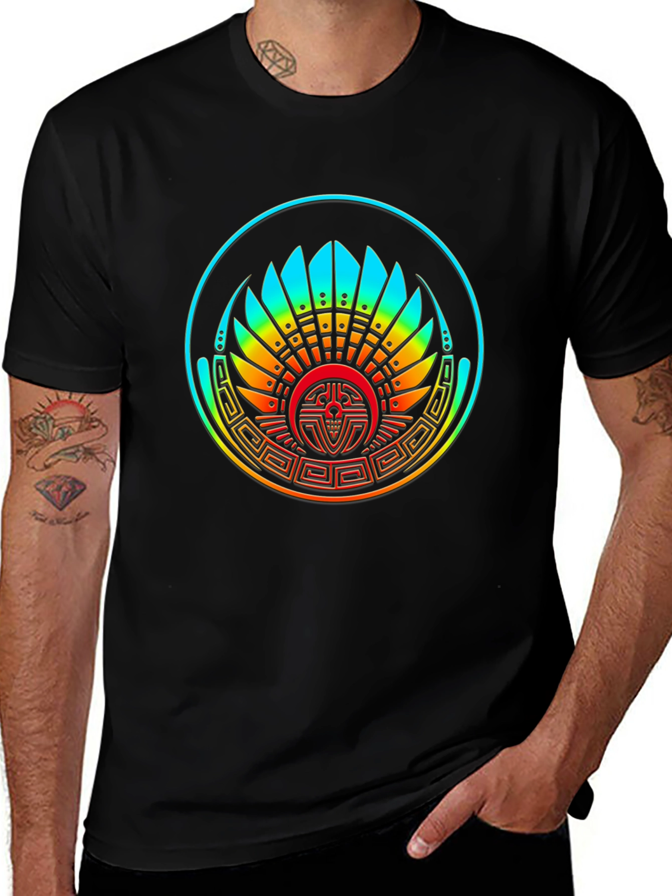 Variant 9 of Aztec Headdress Graphic Black T-Shirt