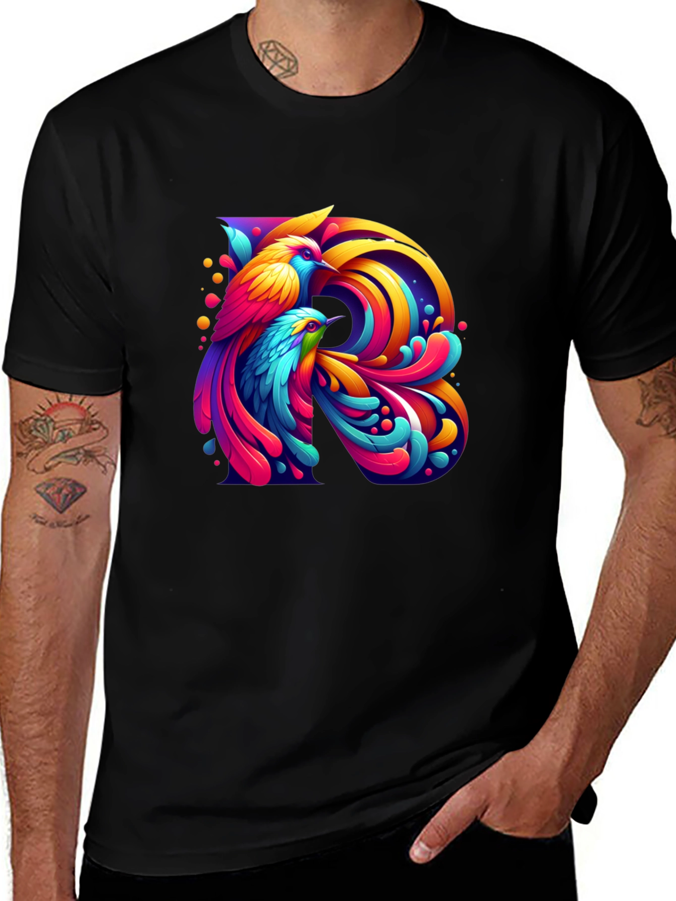 Variant 9 of Vibrant Bird R Graphic Print Black T-Shirt