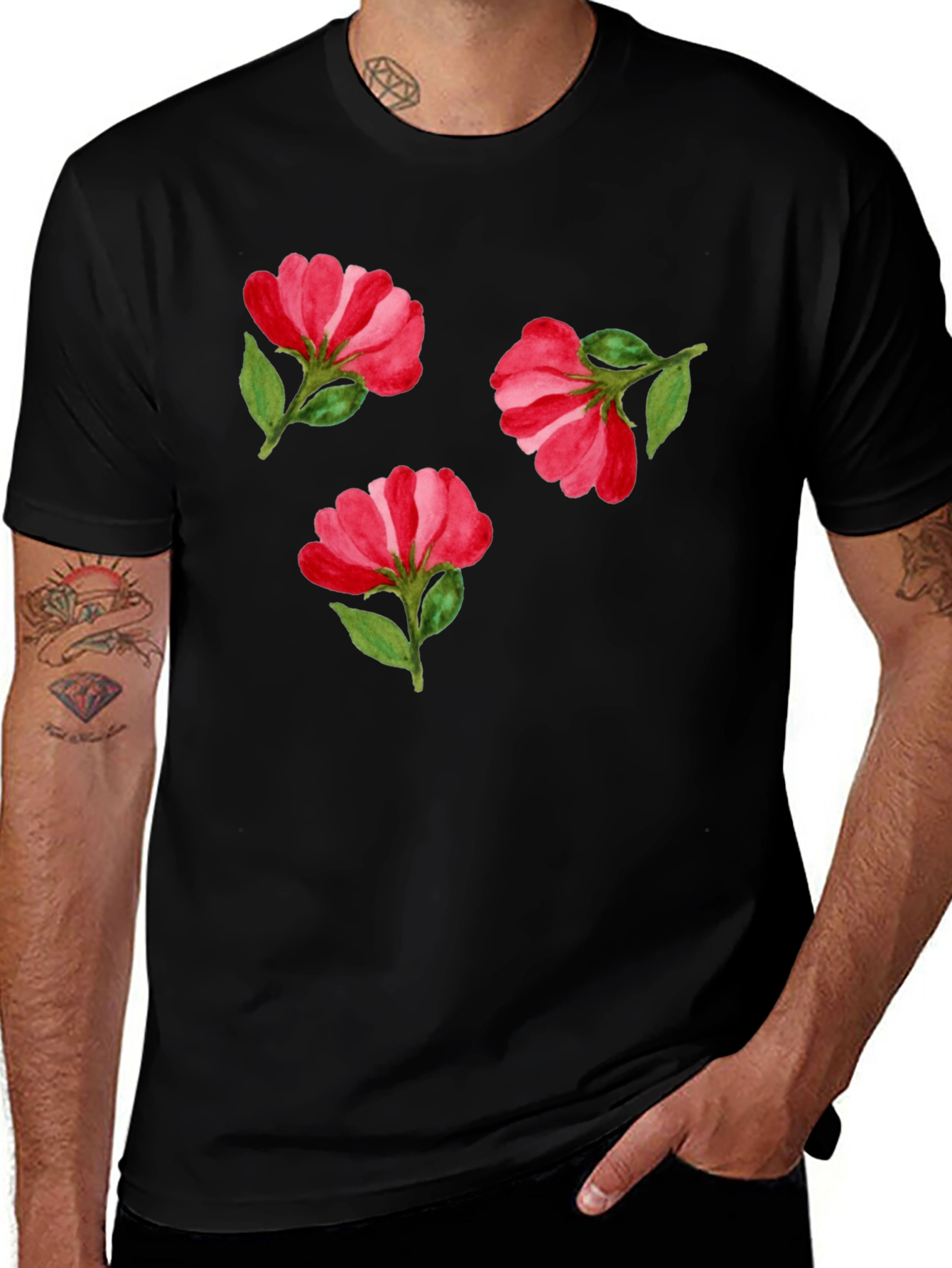Variant 14 of Floral T-Shirt - Red Flowers on Black