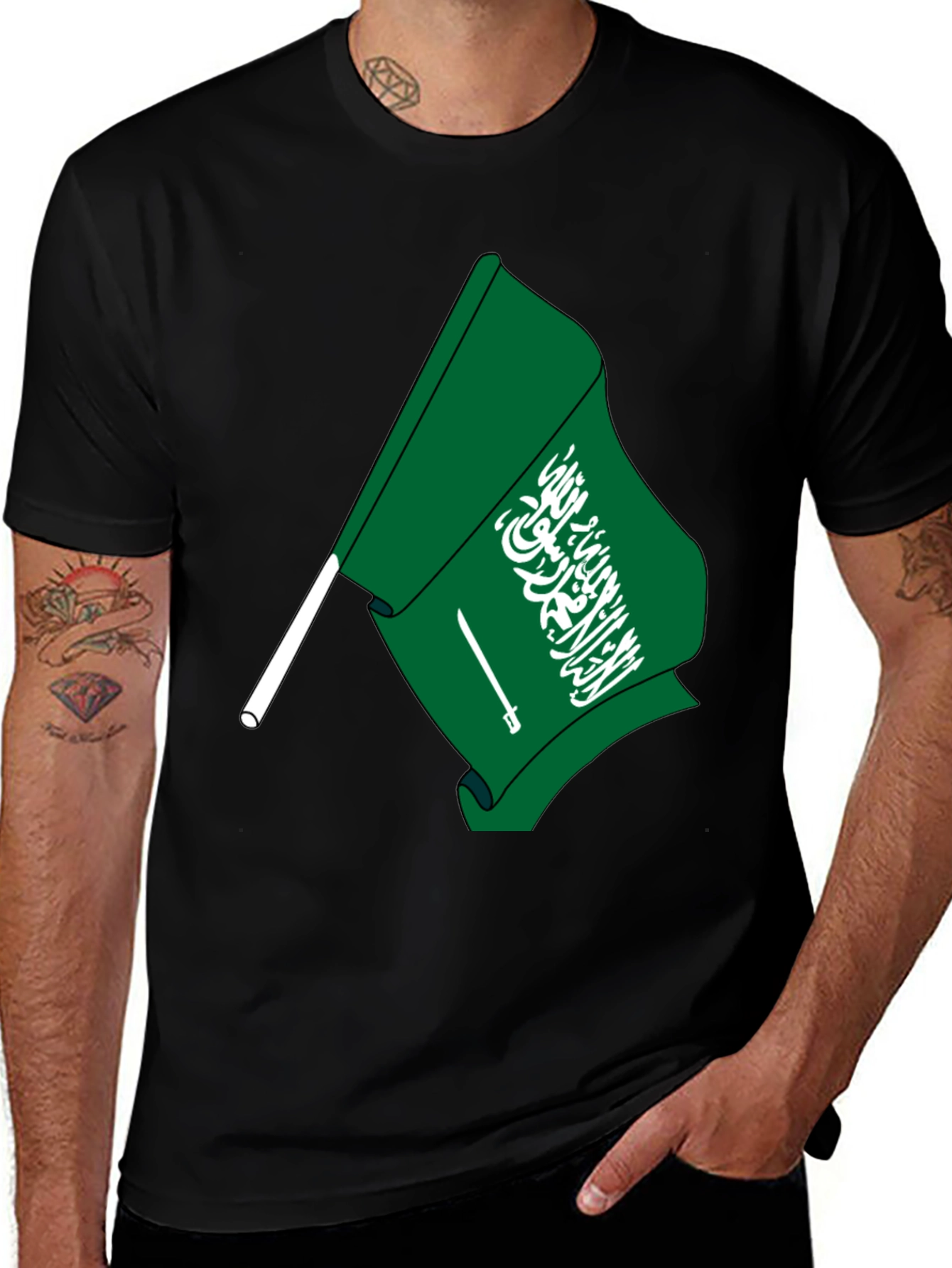Variant 28 of Saudi Arabia Flag Graphic T-Shirt - Black Cotton Tee