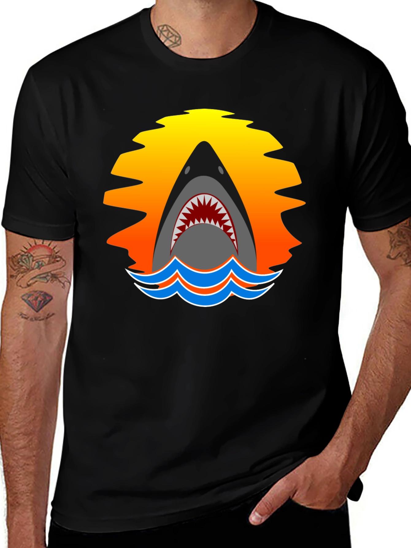 Variant 20 of Shark Sunset Graphic T-Shirt - Black Cotton Tee