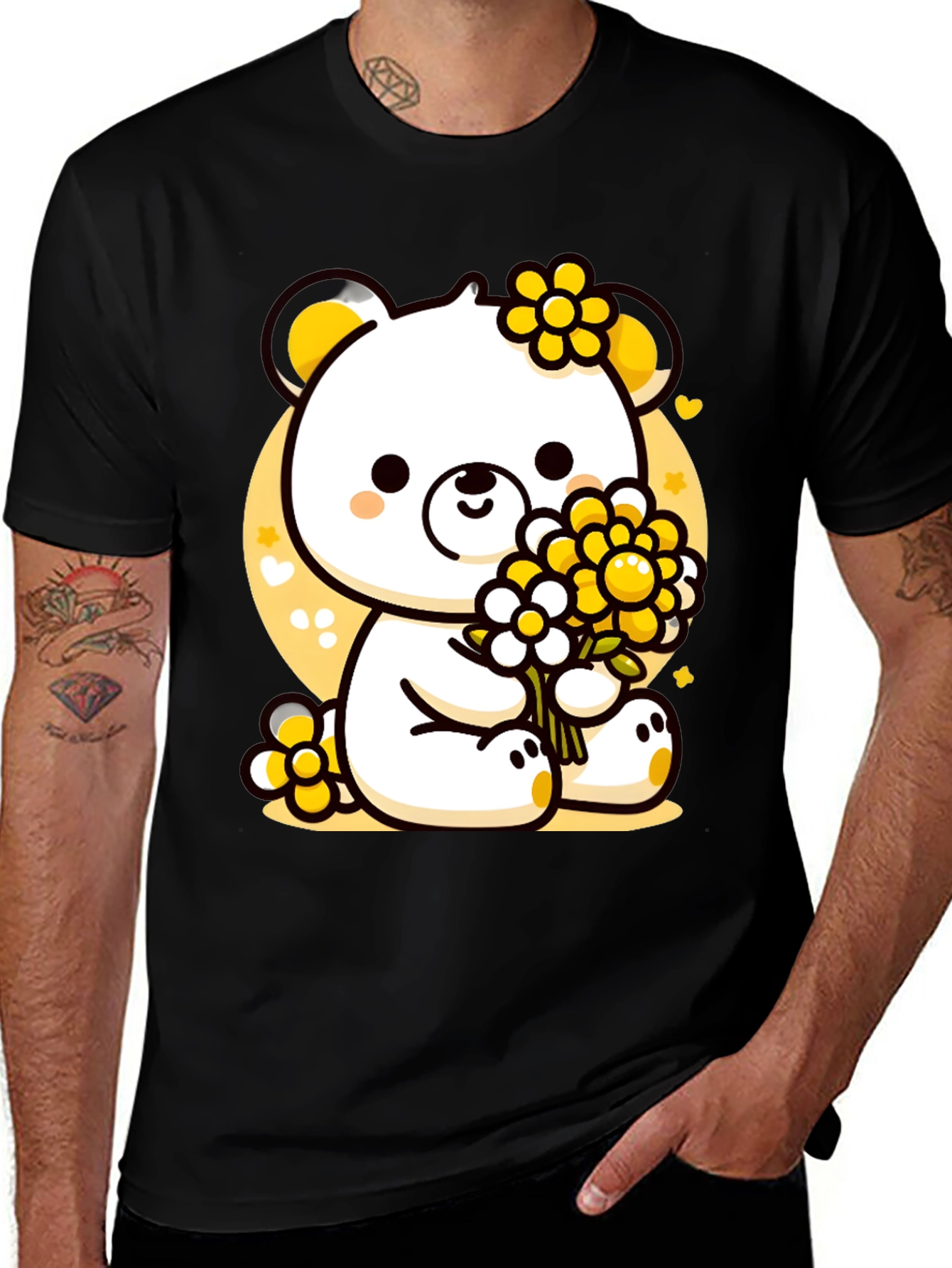Cute Bear with Flowers Black T-Shirt