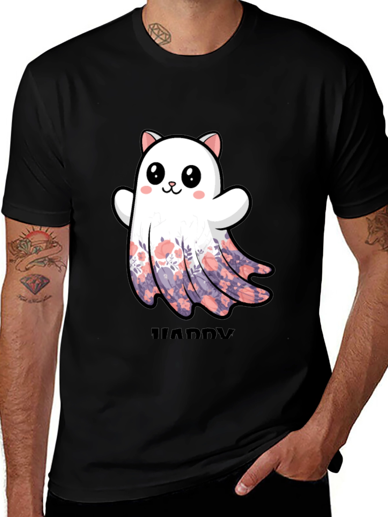 Variant 3 of Cute Cat Ghost T-Shirt - Floral Halloween Tee