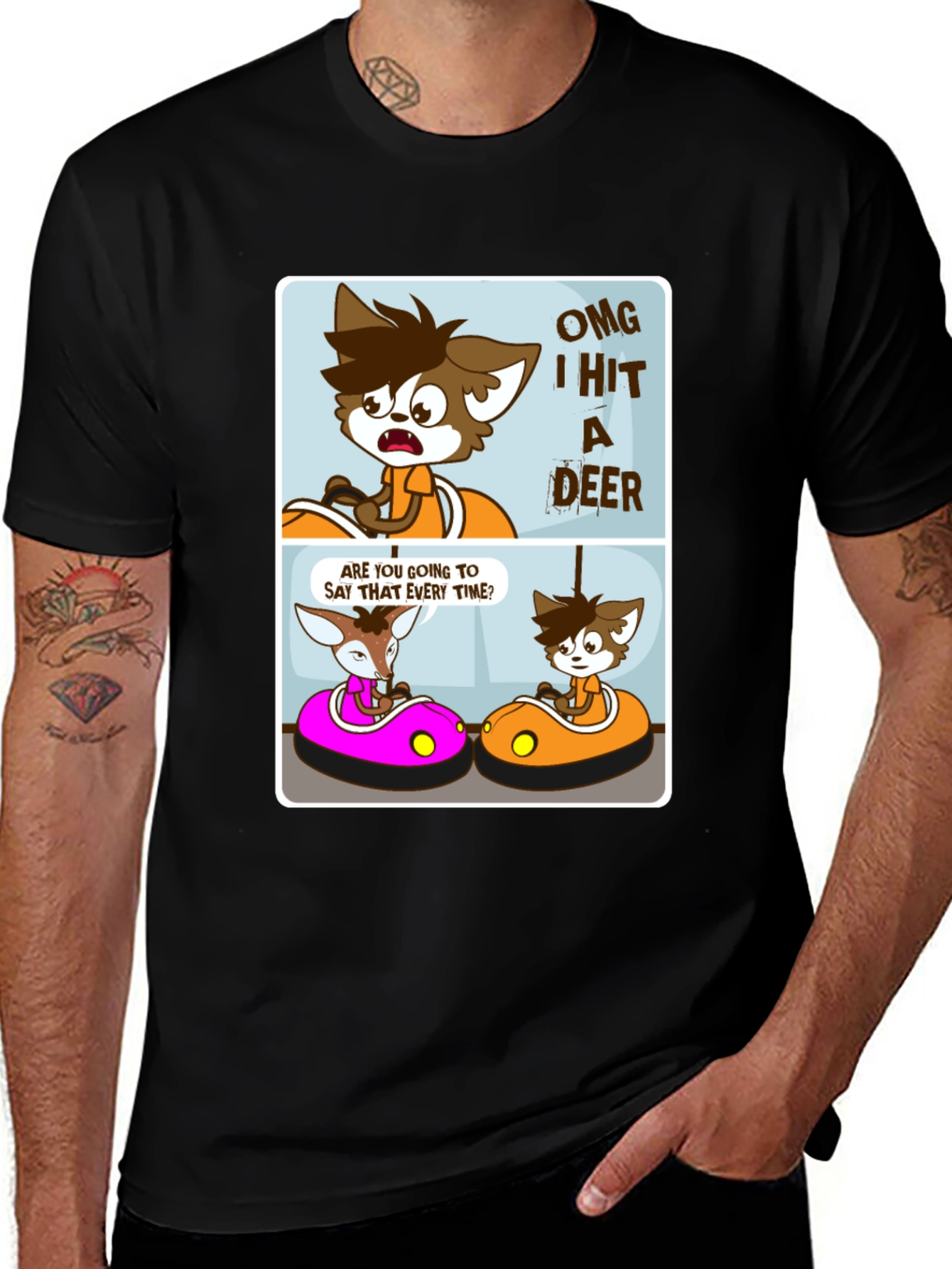 Black Cartoon Deer Bumper Cars Black T-Shirt main image