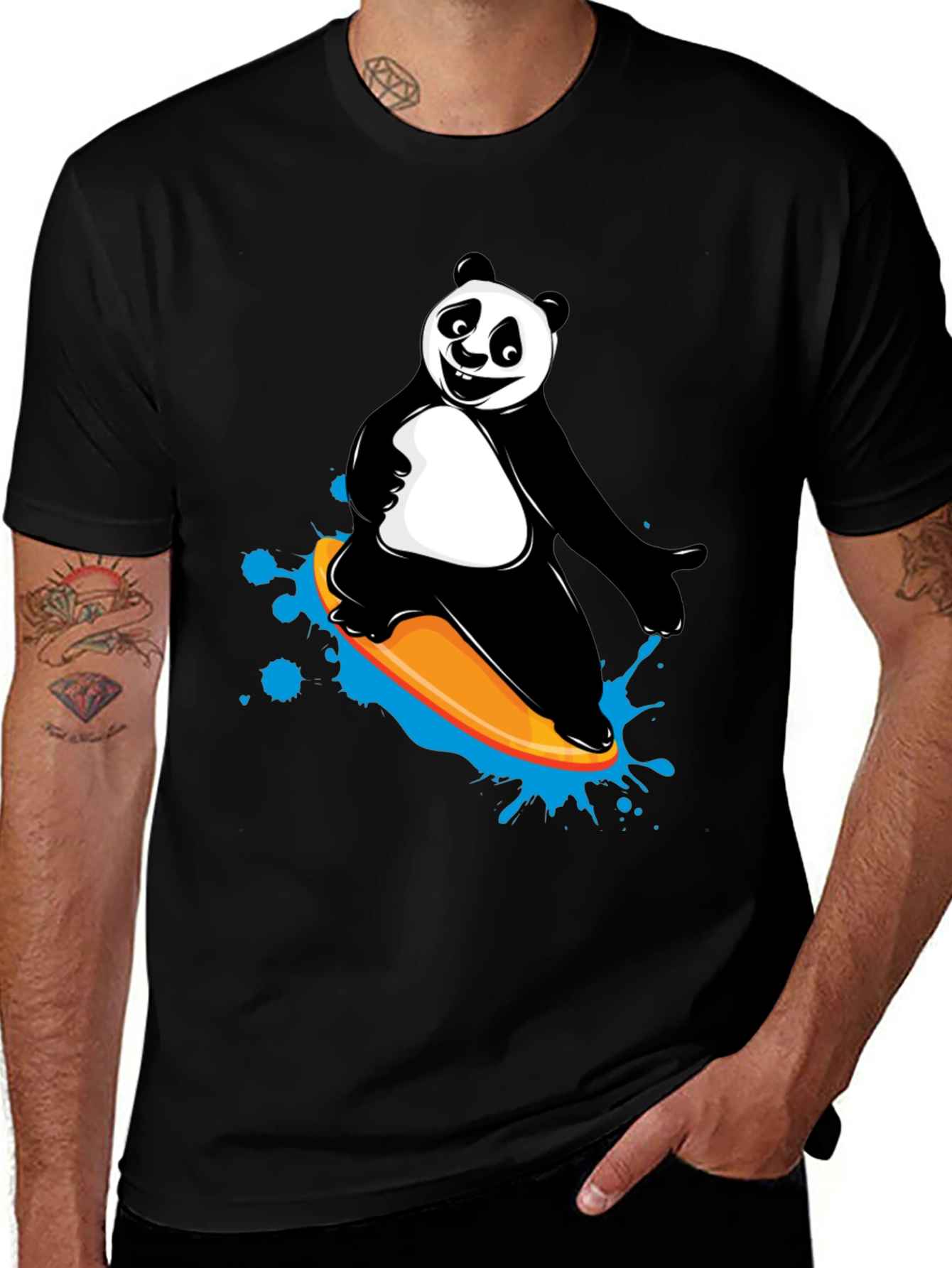 Black Panda Surfing Graphic Tee - Fun Black T-Shirt main image