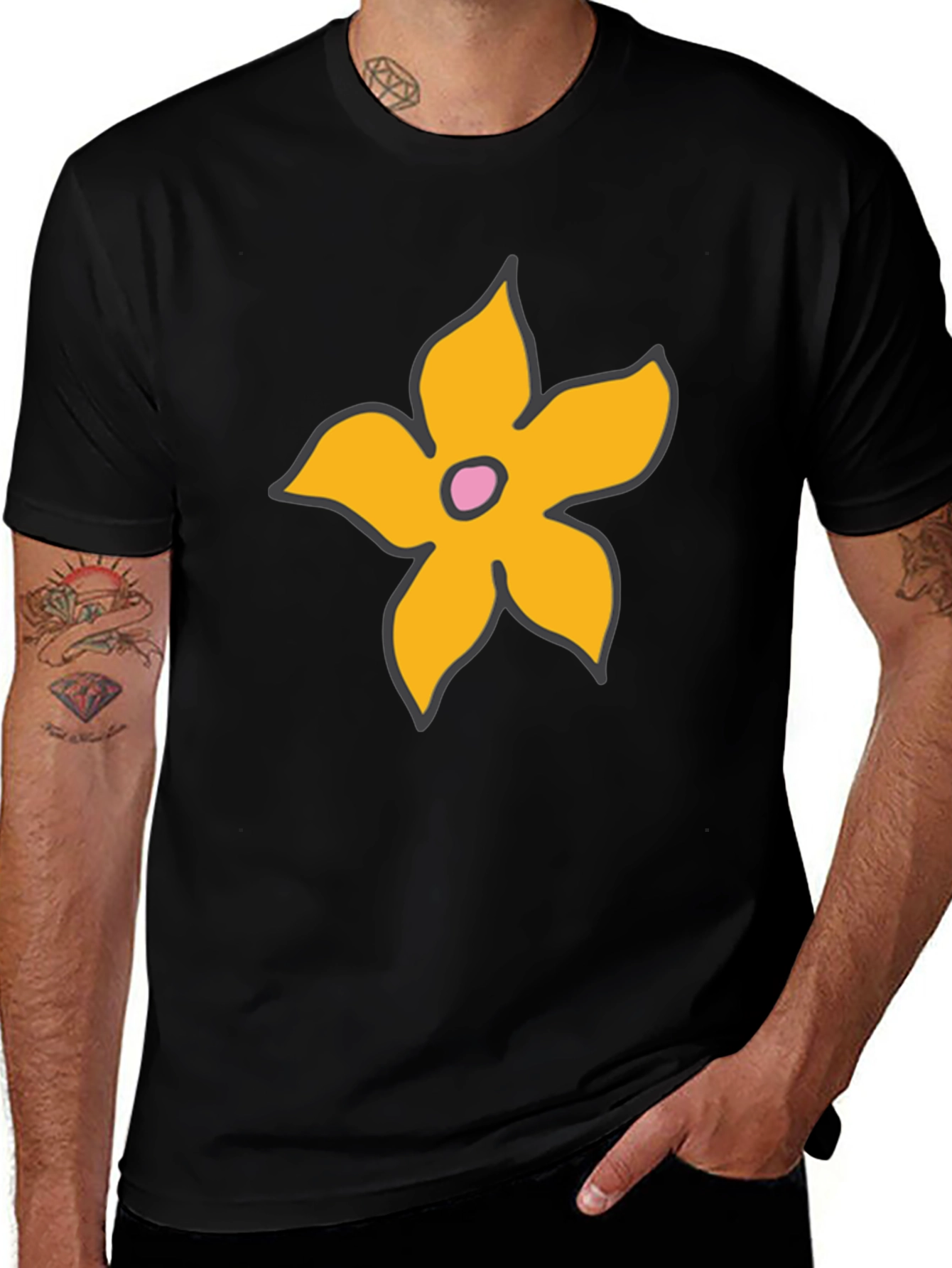 Black T-Shirt with Cartoon Flower Graphic
