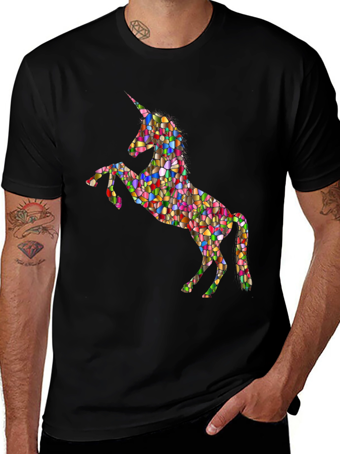 Variant 12 of Men's Black T-Shirt - Colorful Mosaic Unicorn Design