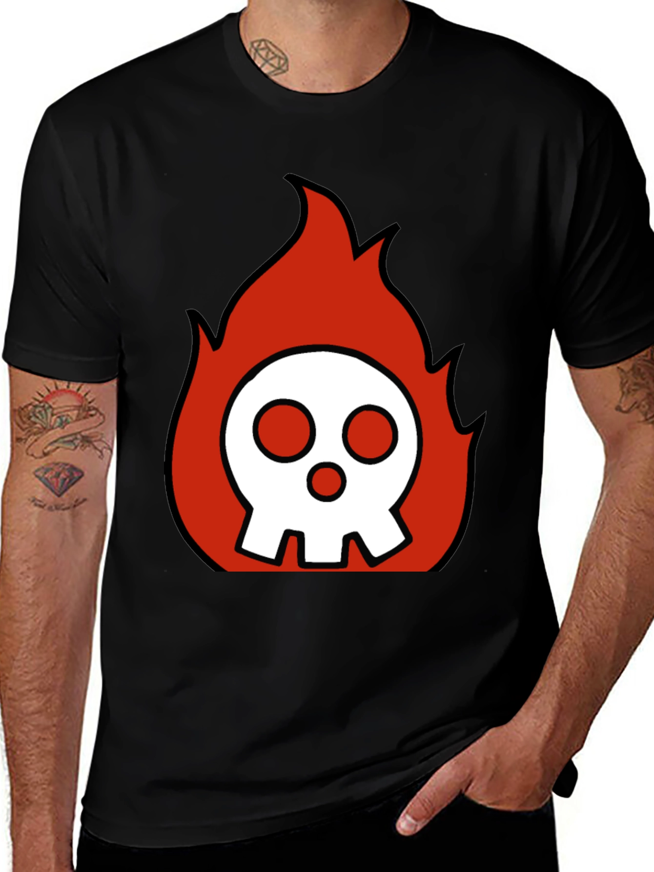 Variant 5 of Flaming Skull Graphic Tee - Black Cotton Blend