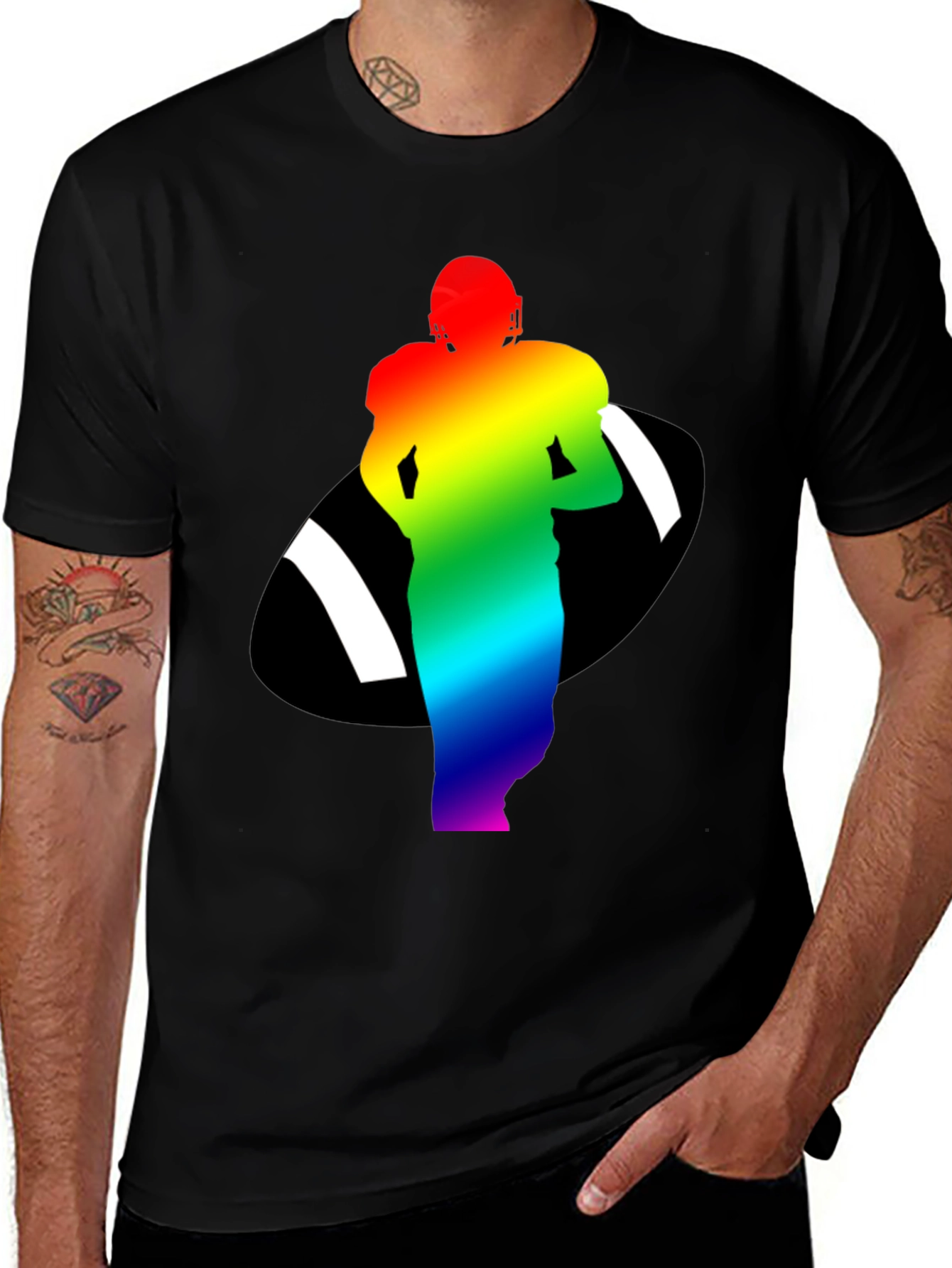 Variant 28 of Rainbow Football Player Graphic Tee - Black