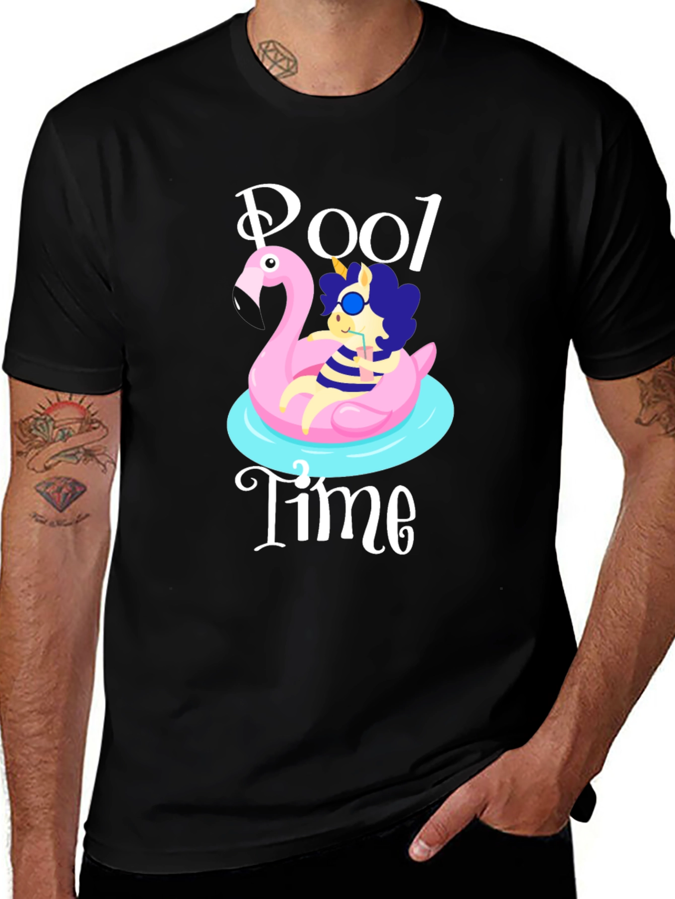 Black Pool Time Graphic T-Shirt - Flamingo Float Fun! main image