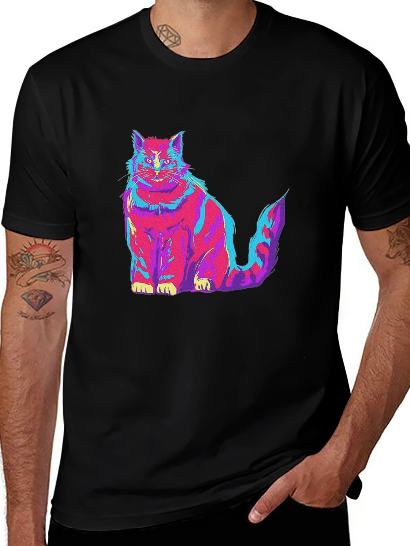 Variant 24 of Psychedelic Cat Graphic Tee - Men's Black T-Shirt