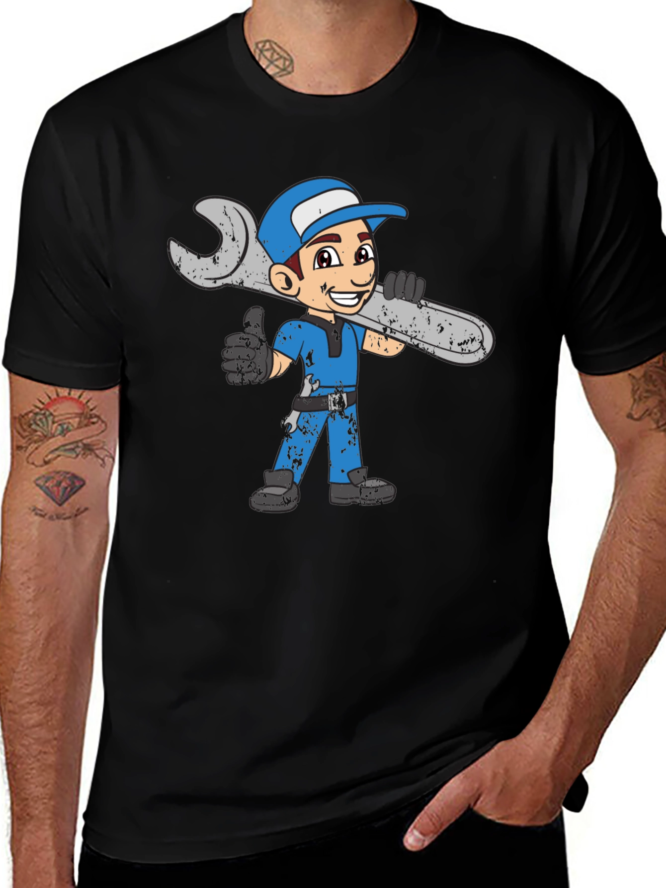 Black Cartoon Mechanic T-Shirt - Black Cotton Blend main image