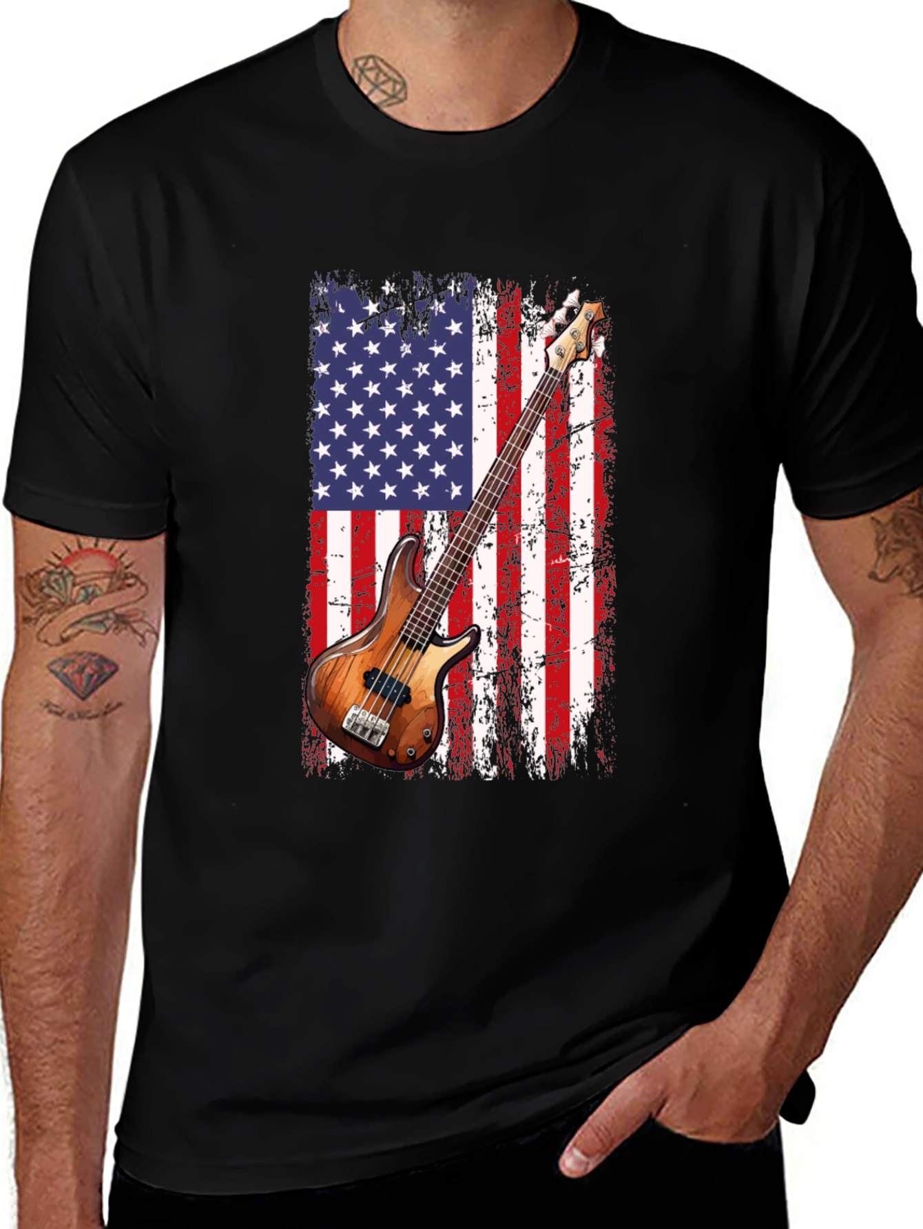 Black USA Flag Bass Guitar T-Shirt main image