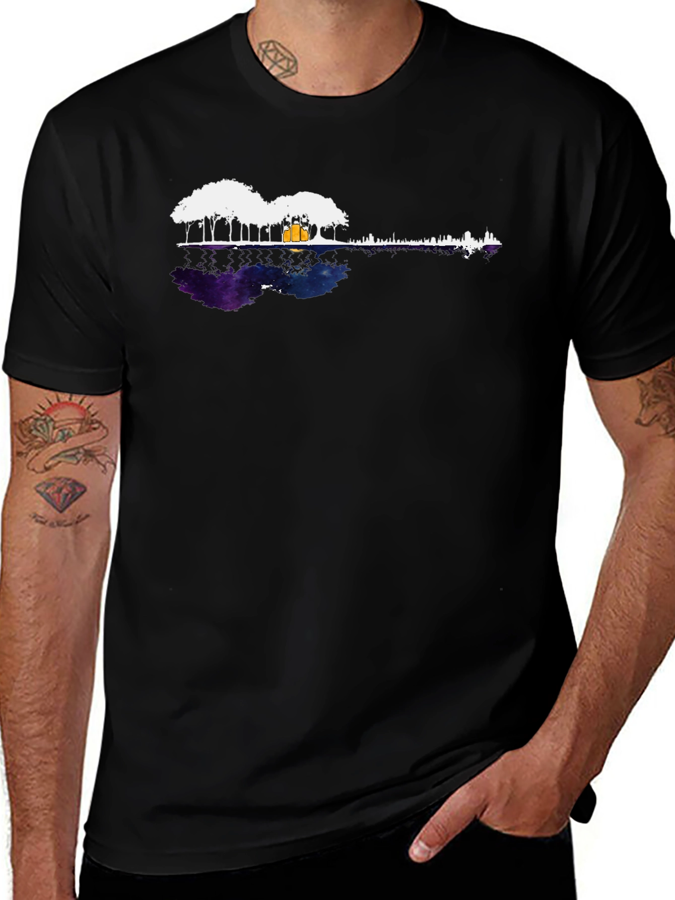Black Guitar Landscape Tee - Reflective Music Scene Shirt main image