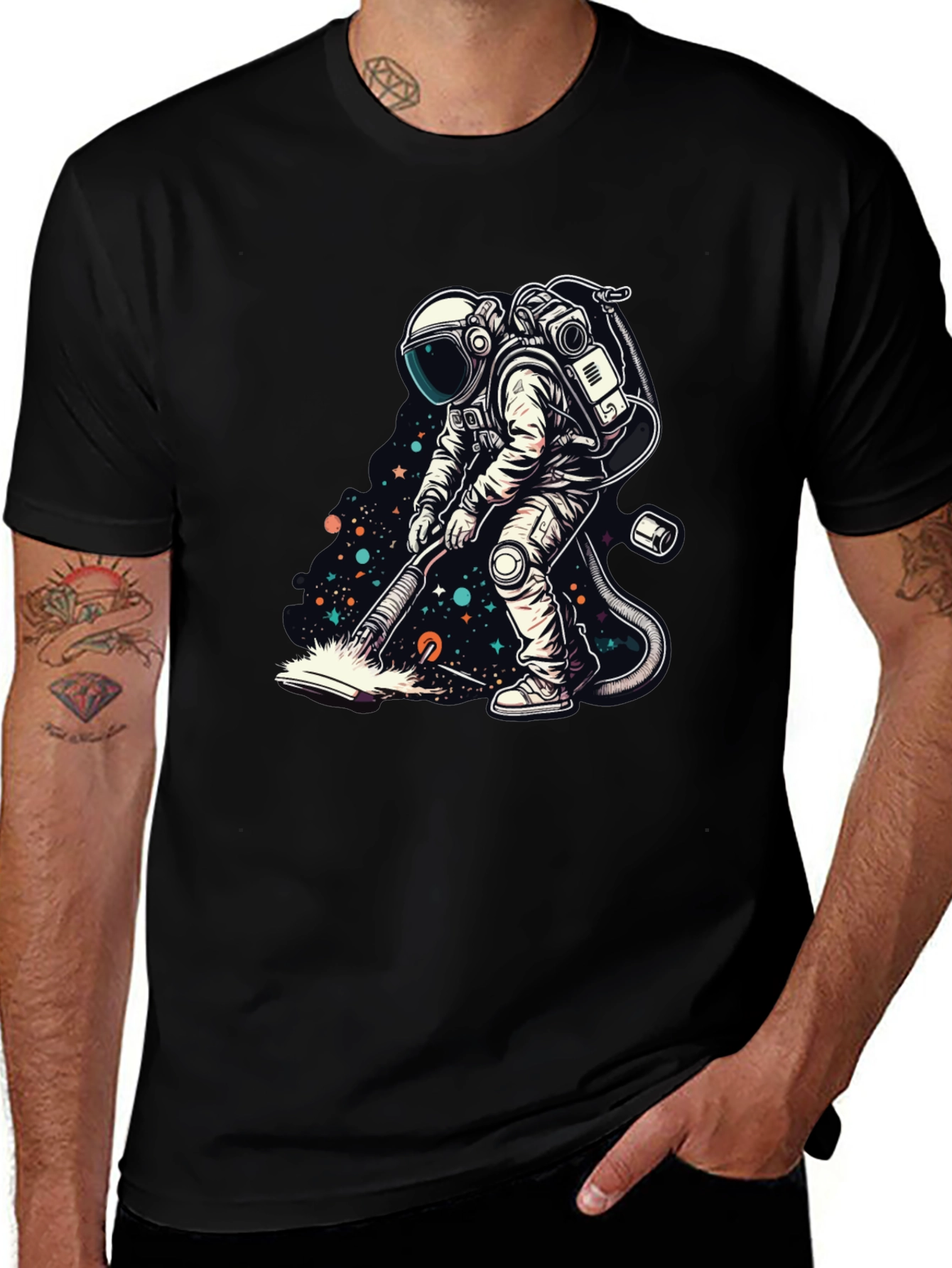 Variant 28 of Astronaut Vacuuming Space T-Shirt - Black Crew Neck Tee