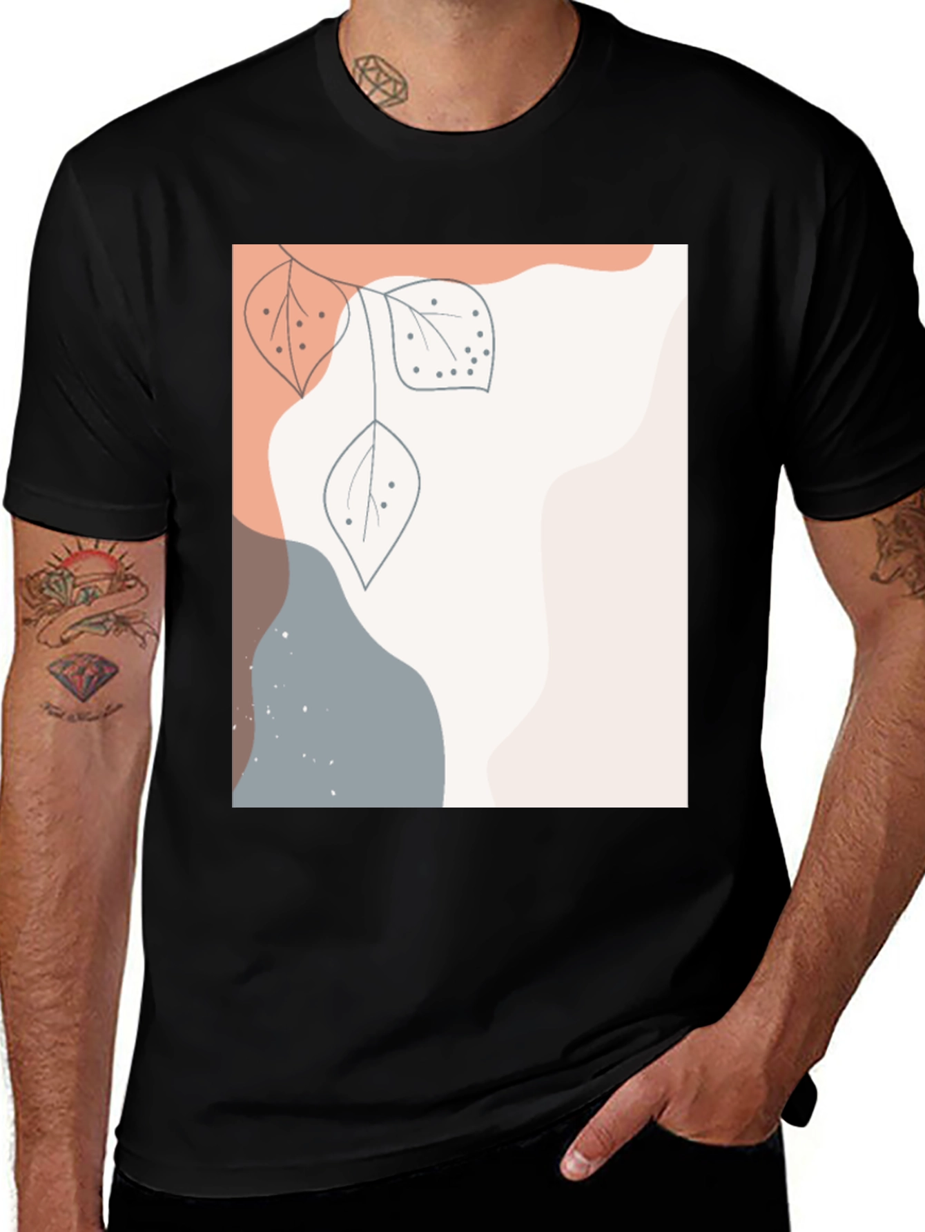 Variant 8 of Abstract Leaf Print Black T-Shirt