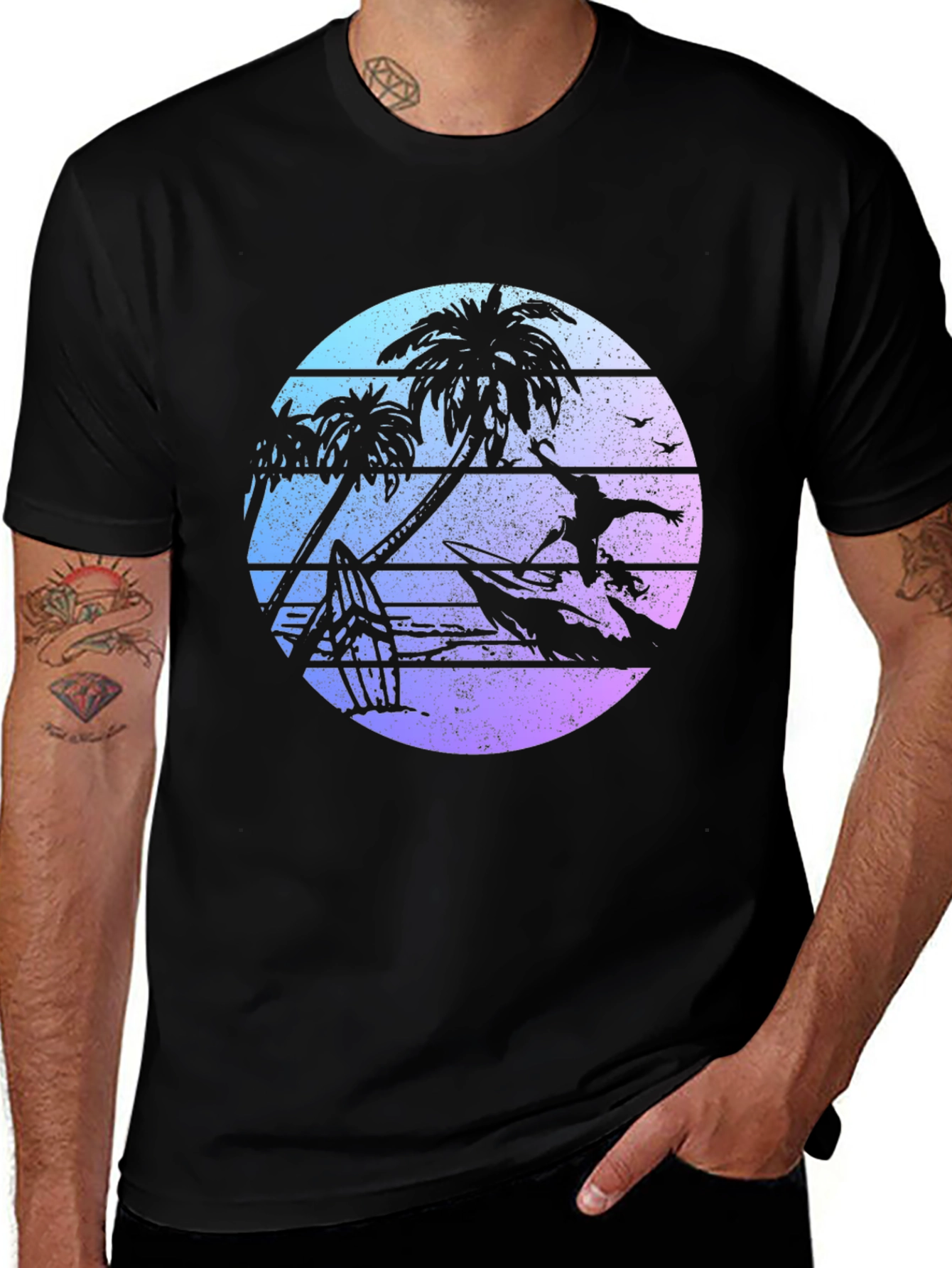 Variant 25 of Sunset Surfer Graphic Tee - Tropical Palm Design