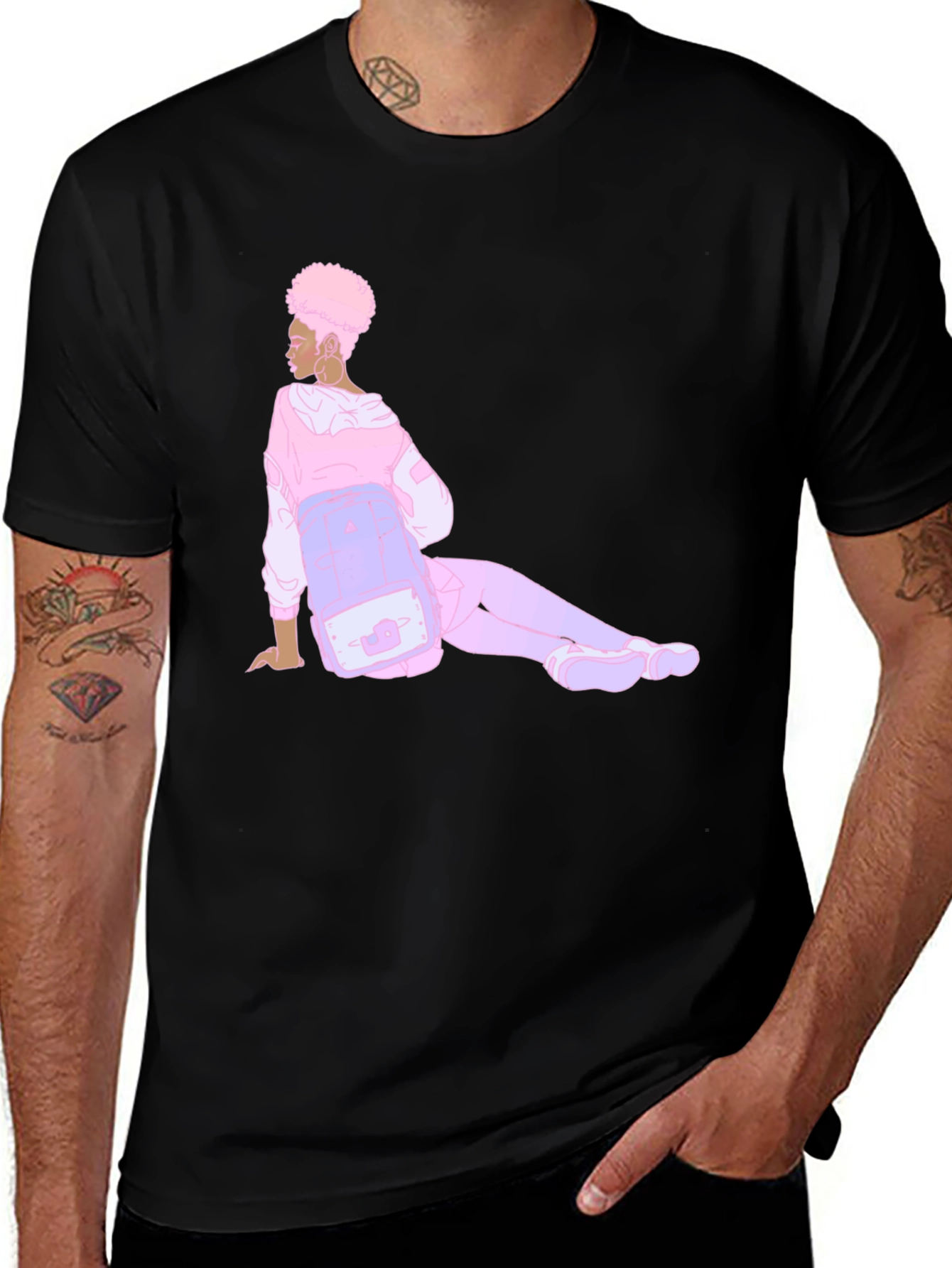 Variant 21 of Black T-Shirt with Pink Afro Girl Design