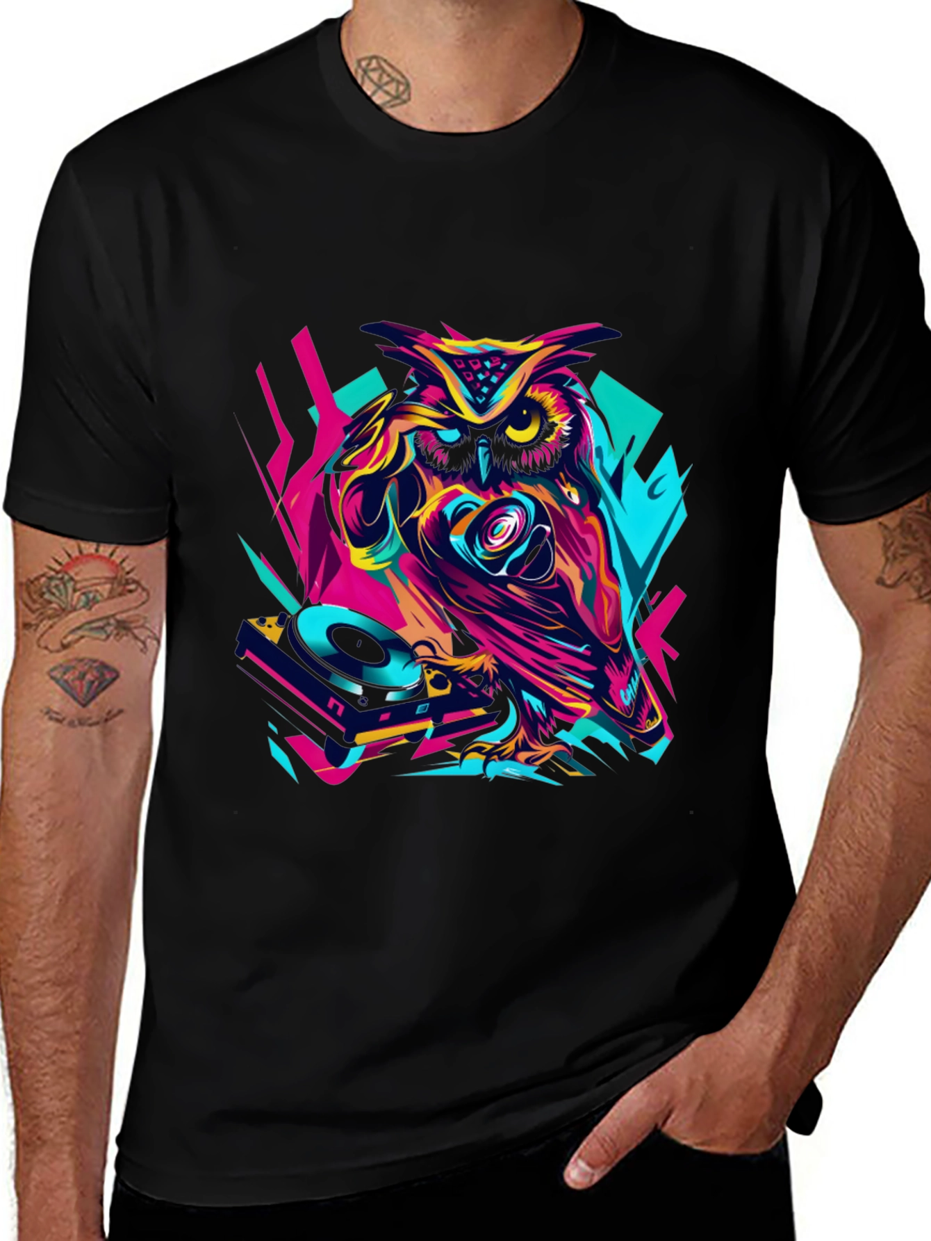 Variant 30 of Neon Owl DJ Graphic Tee - Stylish Men's Black T-Shirt