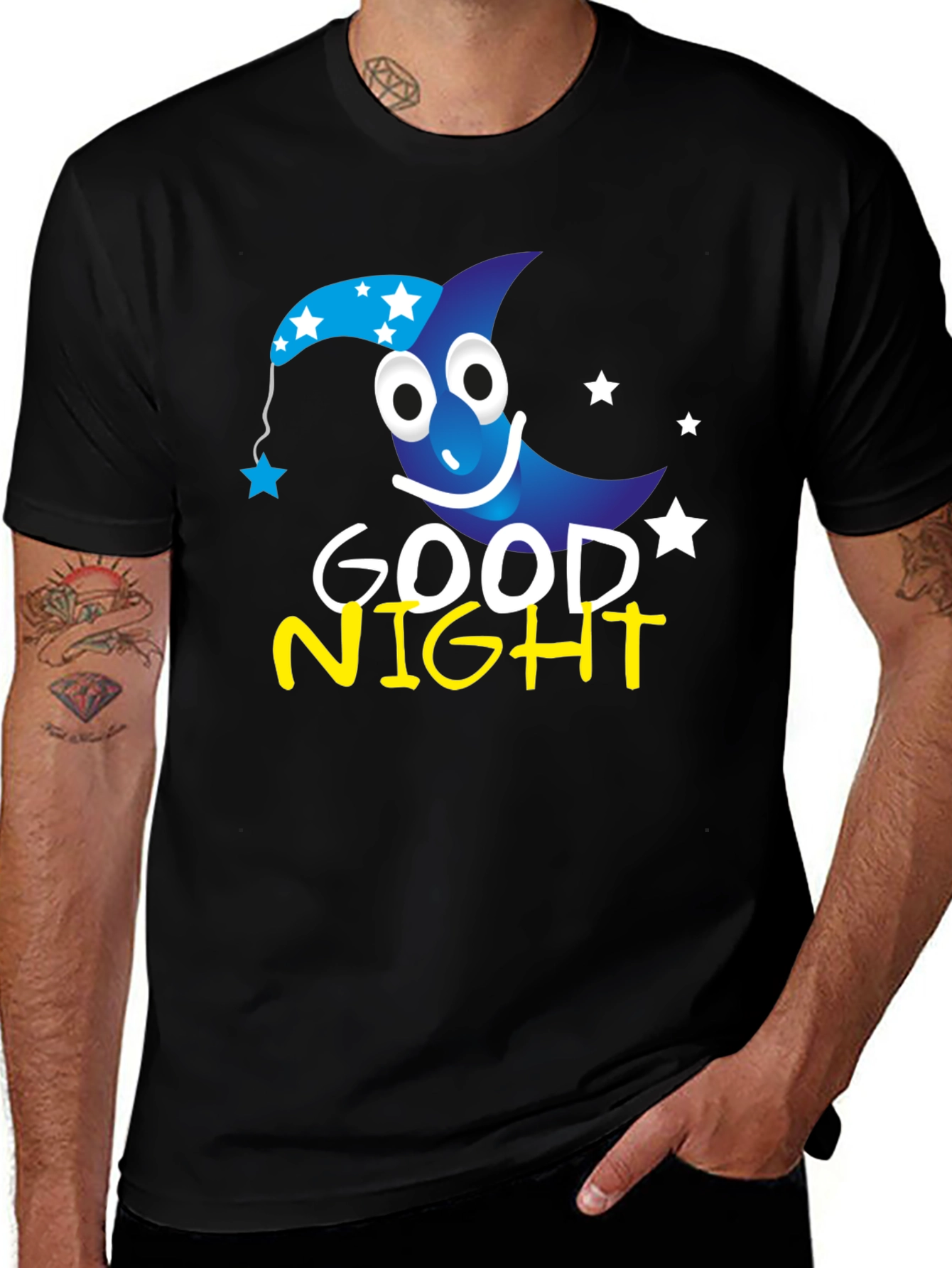 Good Night Cartoon Moon Black T-Shirt