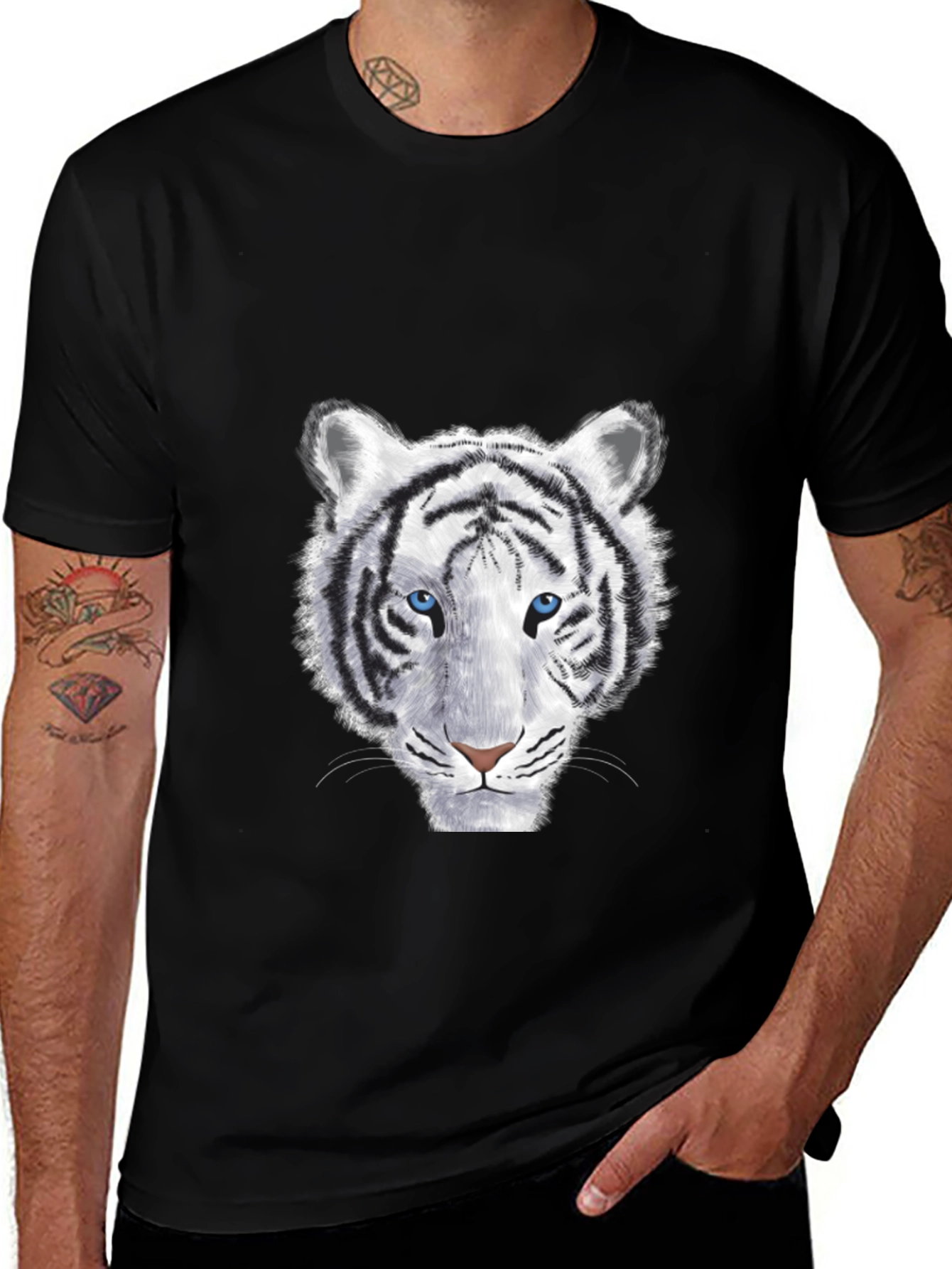 Variant 5 of Cool White Tiger Graphic Print Men's Black T-Shirt