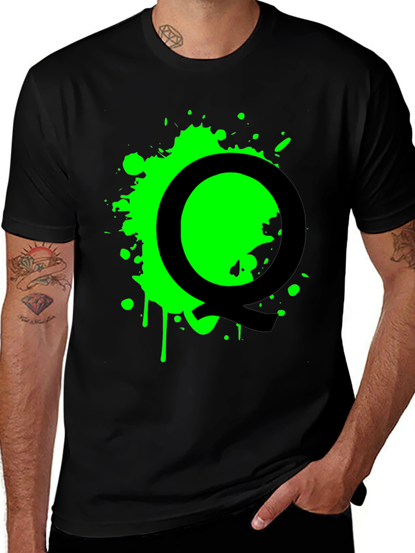 Variant 29 of Black T-Shirt with Green Splatter Letter Q