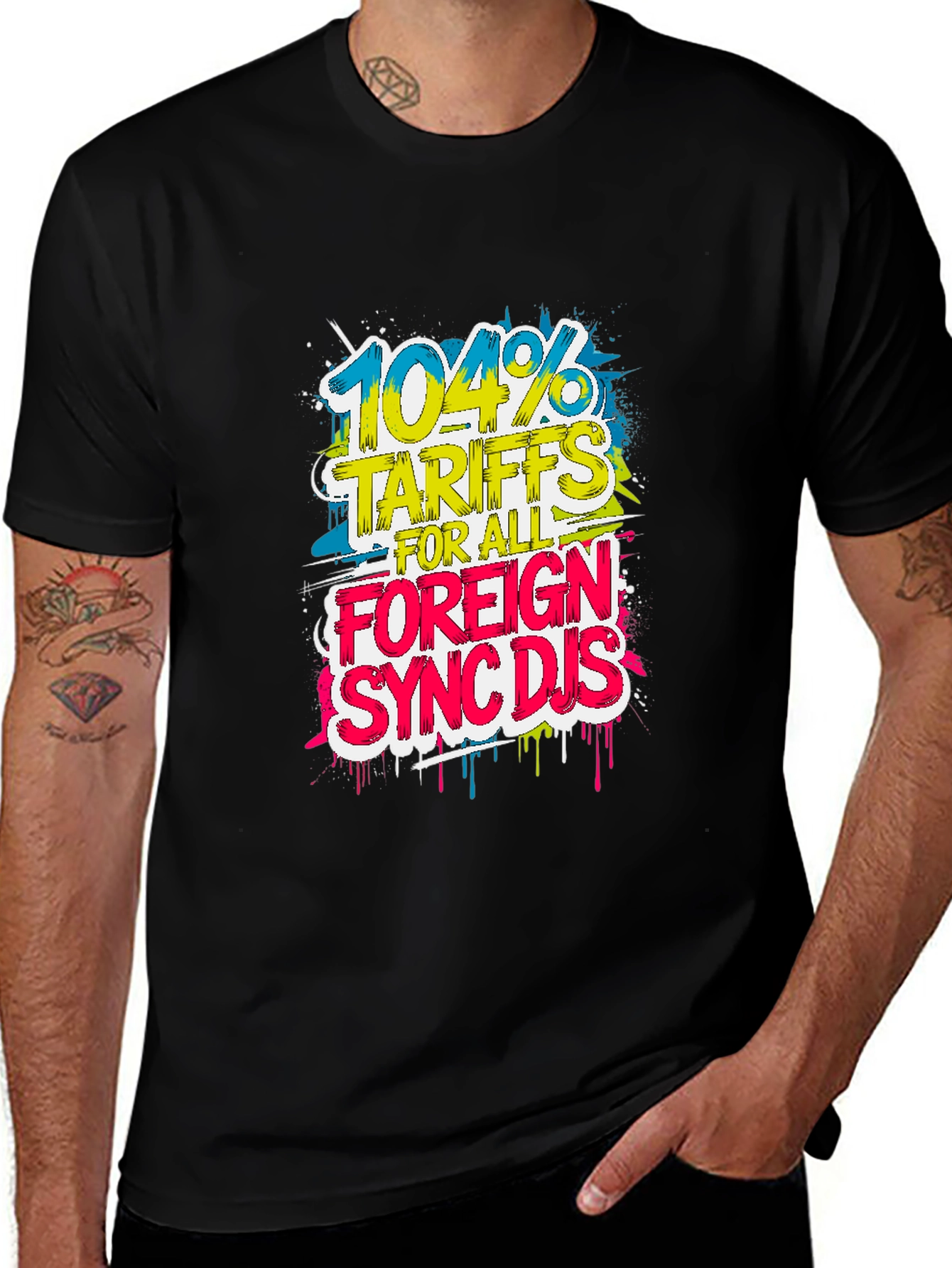 Black 104% Tariffs Foreign Sync DJs Graphic Tee main image