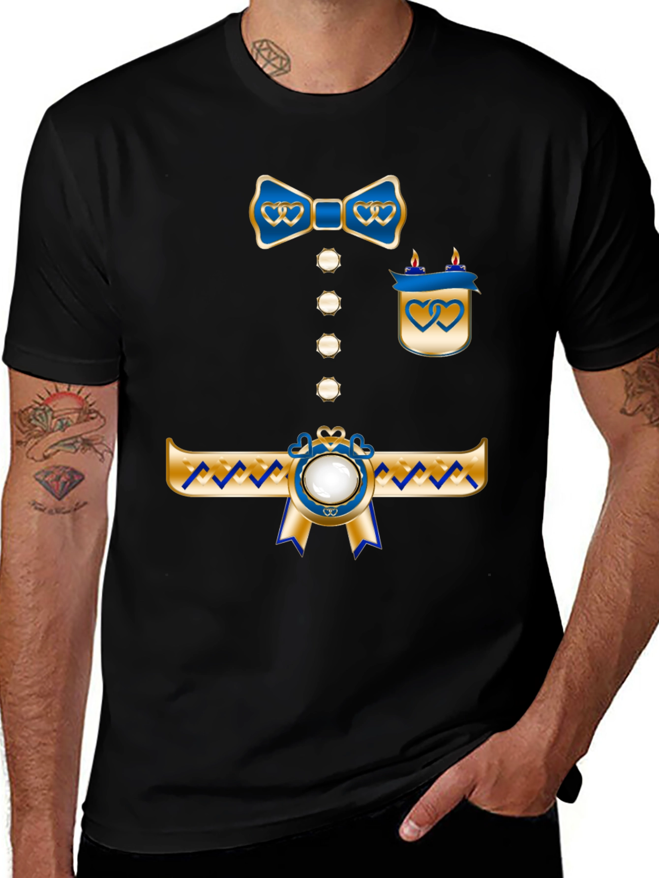 Novelty Tuxedo T-Shirt with Blue & Gold Bowtie Design