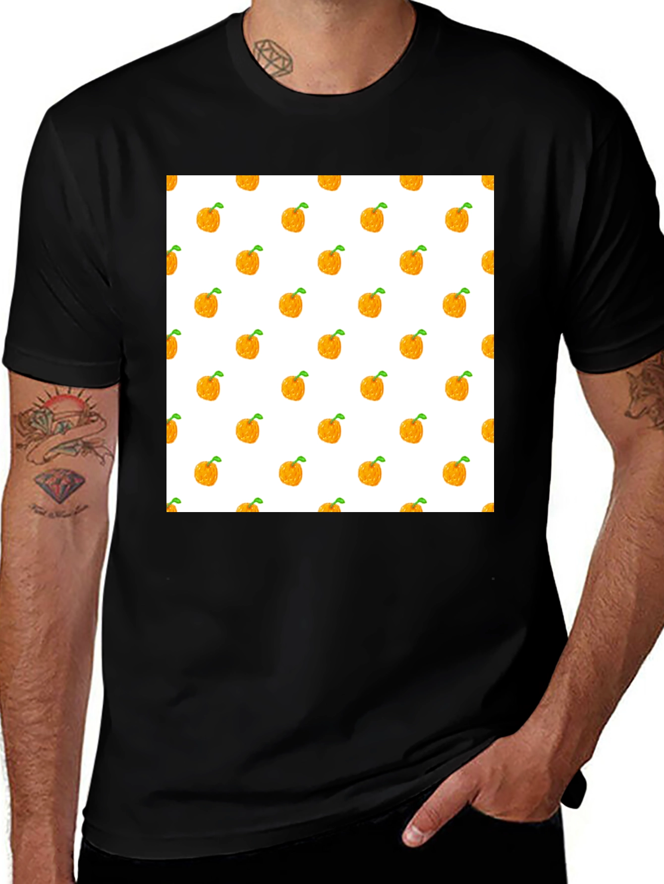 Variant 4 of Orange Fruit Pattern Black T-Shirt