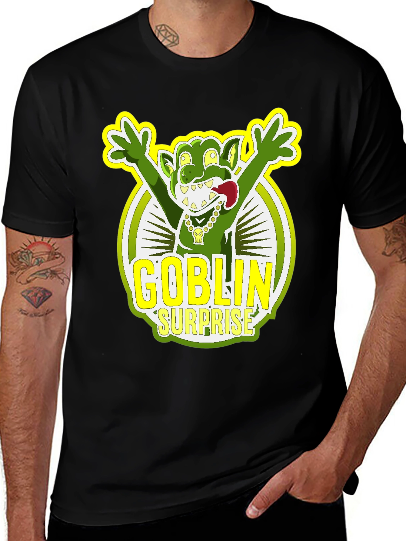 Variant 15 of Goblin Surprise Graphic Tee - Black Crew Neck T-Shirt
