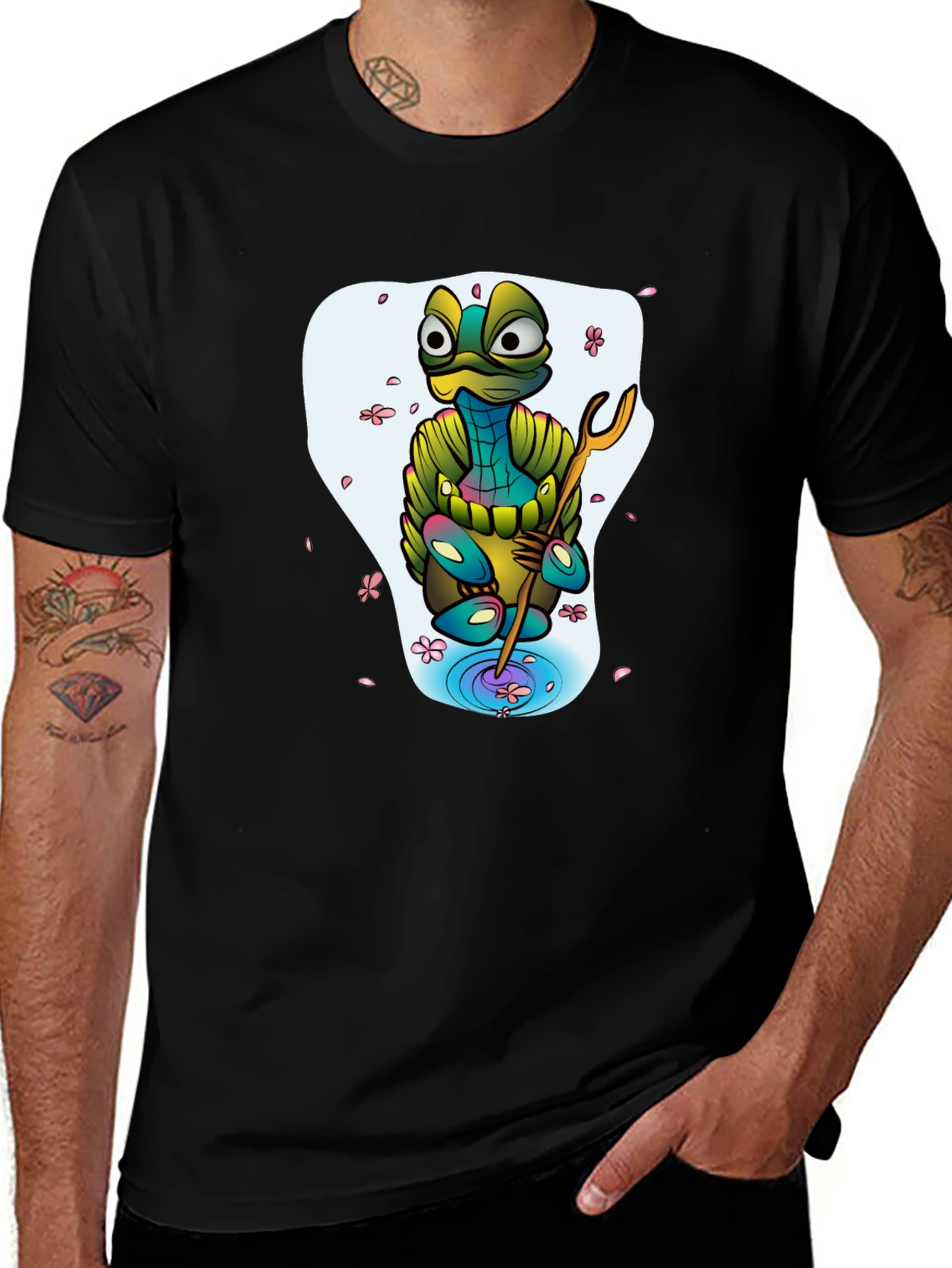 Variant 22 of Cartoon Turtle Graphic Tee - Men's Black T-Shirt