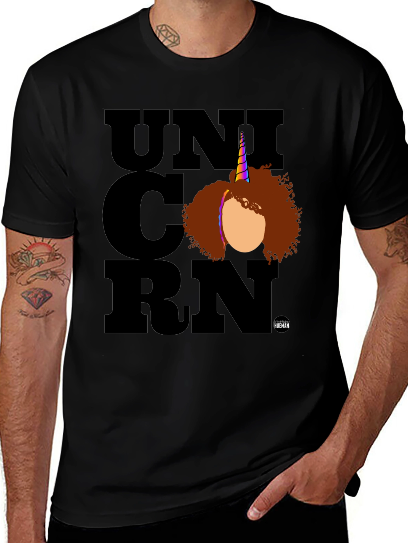 Variant 27 of Unicorn Afro Graphic T-Shirt - Black Cotton Tee