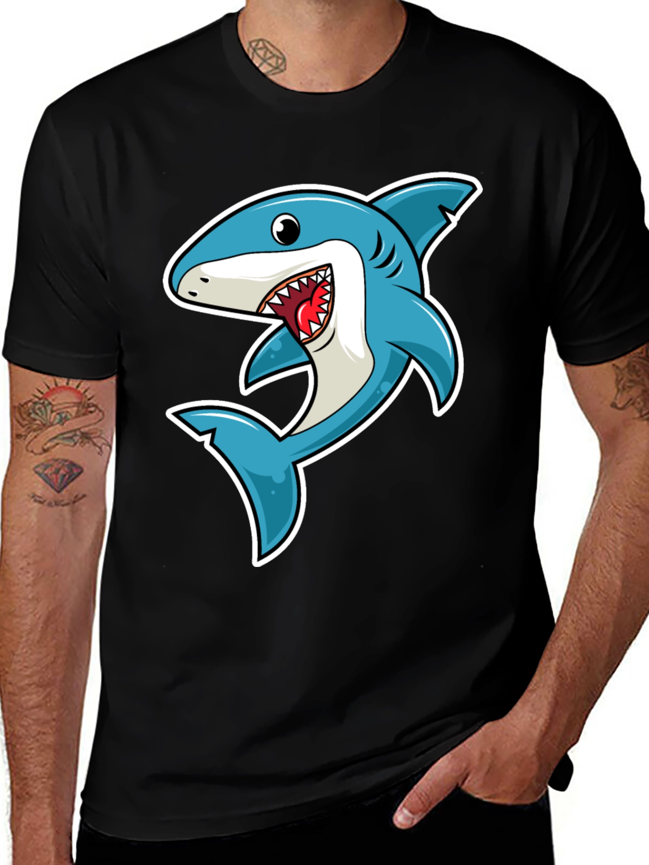 Black Shark Cartoon Graphic Tee - Black Cotton T-Shirt main image