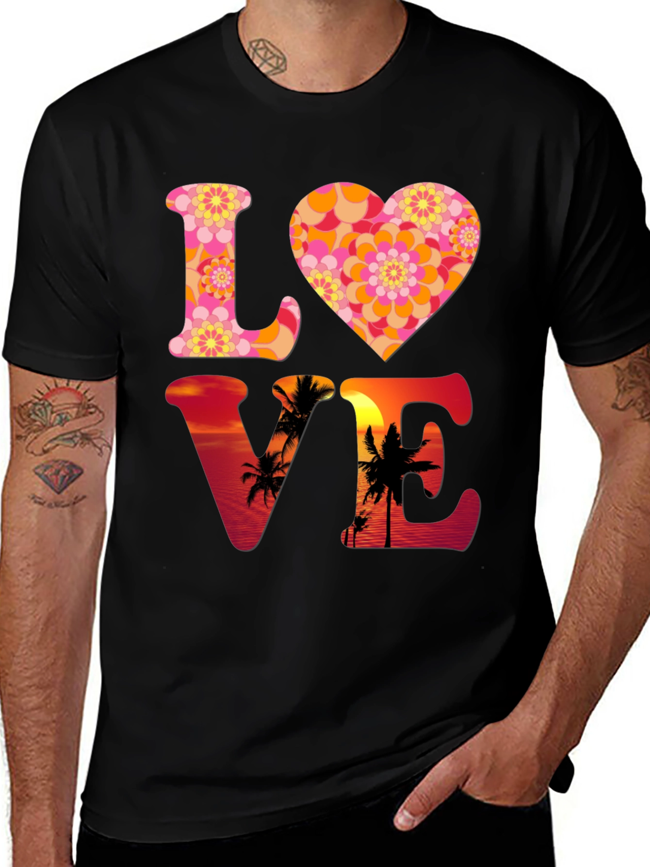 Variant 24 of Retro Love T-Shirt - Floral Heart & Sunset Palm Design