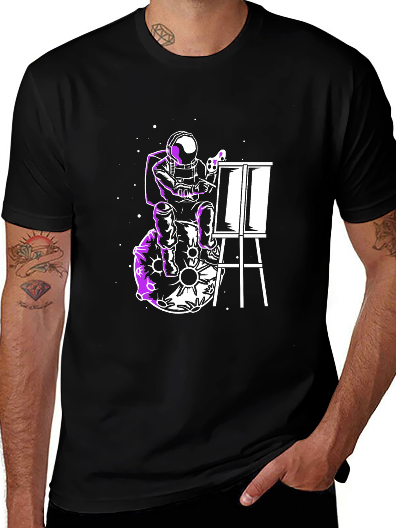 Variant 24 of Astronaut Artist Graphic Tee - Black Cotton T-Shirt
