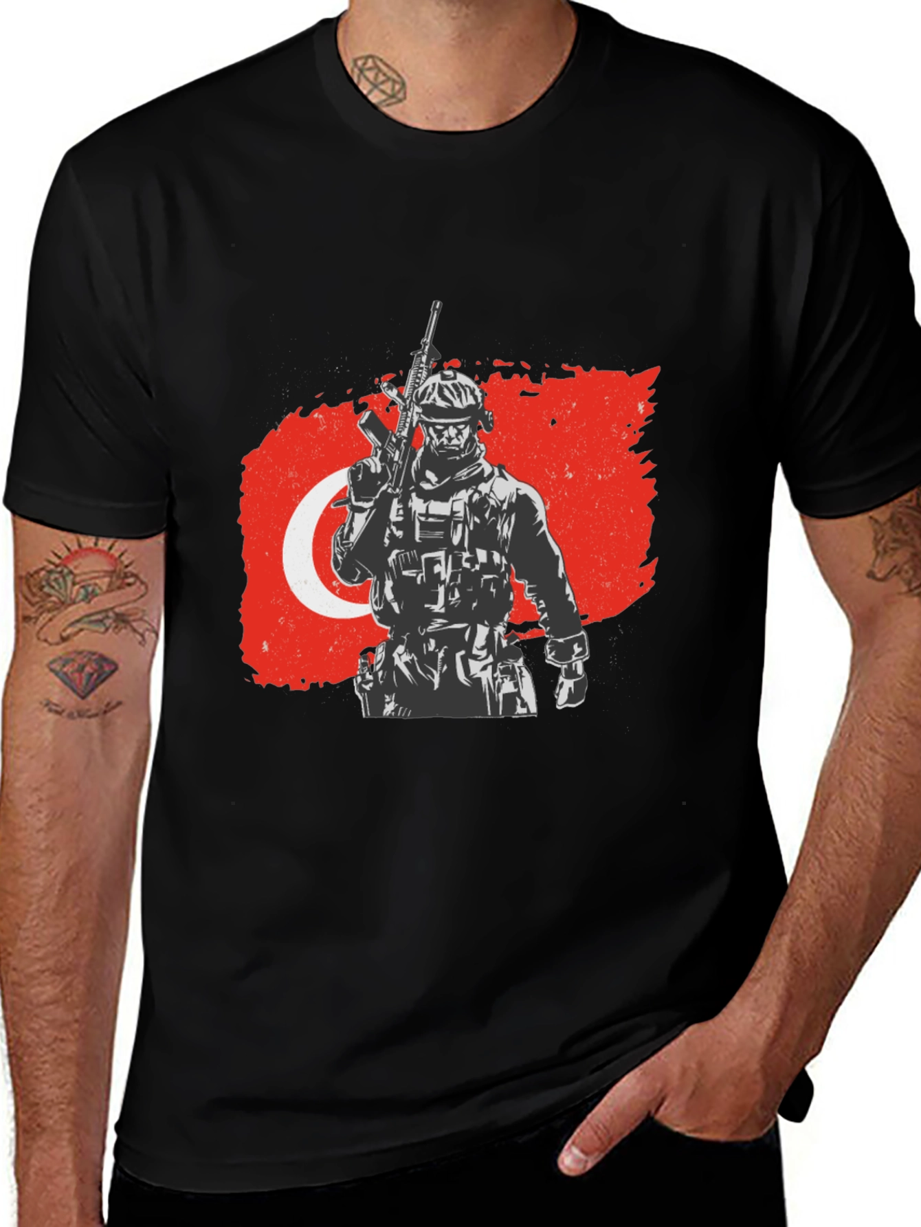 Variant 27 of Turkish Soldier Flag Graphic Tee - Black Cotton Blend