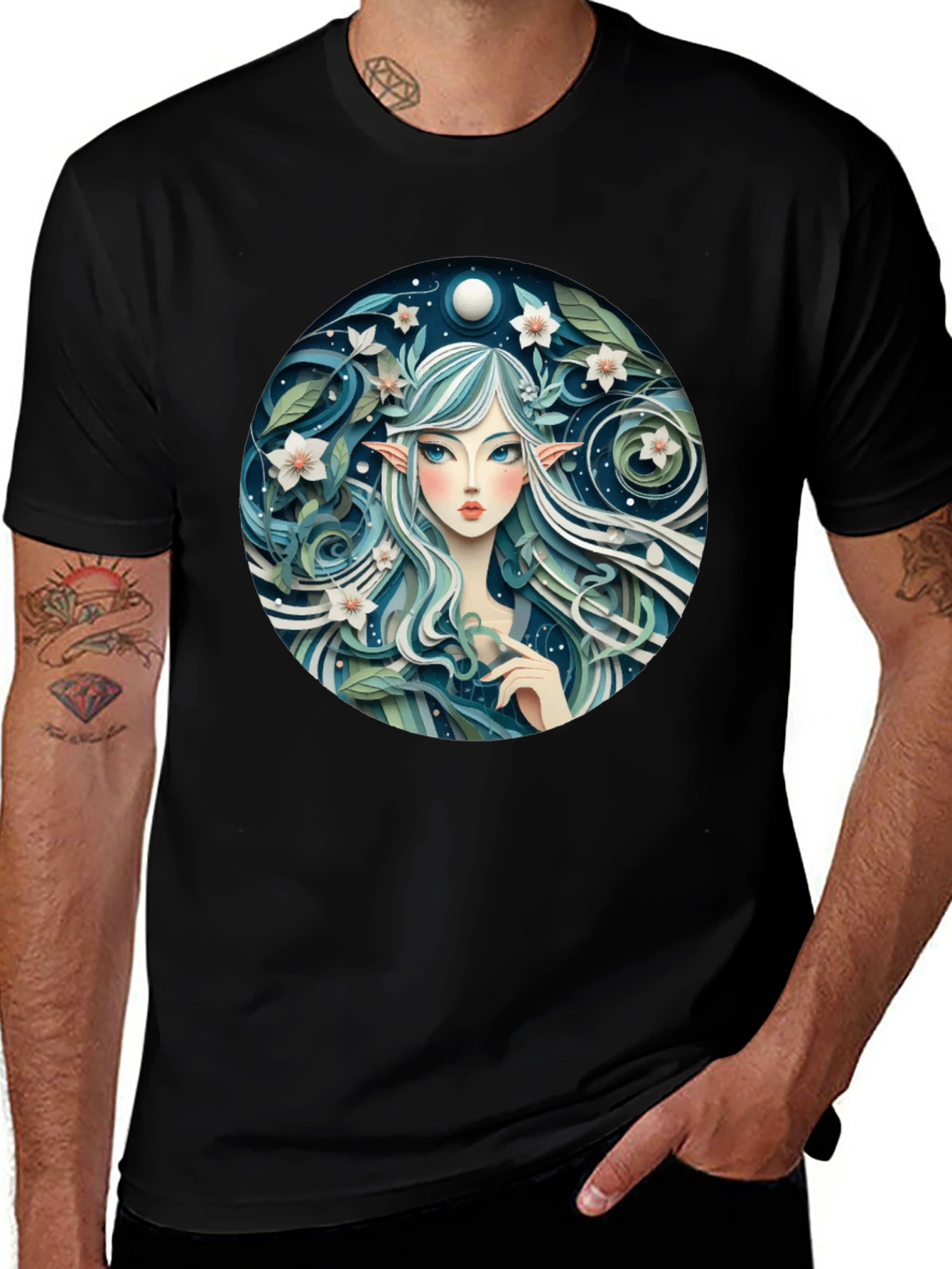 Enchanting Elf Maiden Graphic Tee - Mystical Design